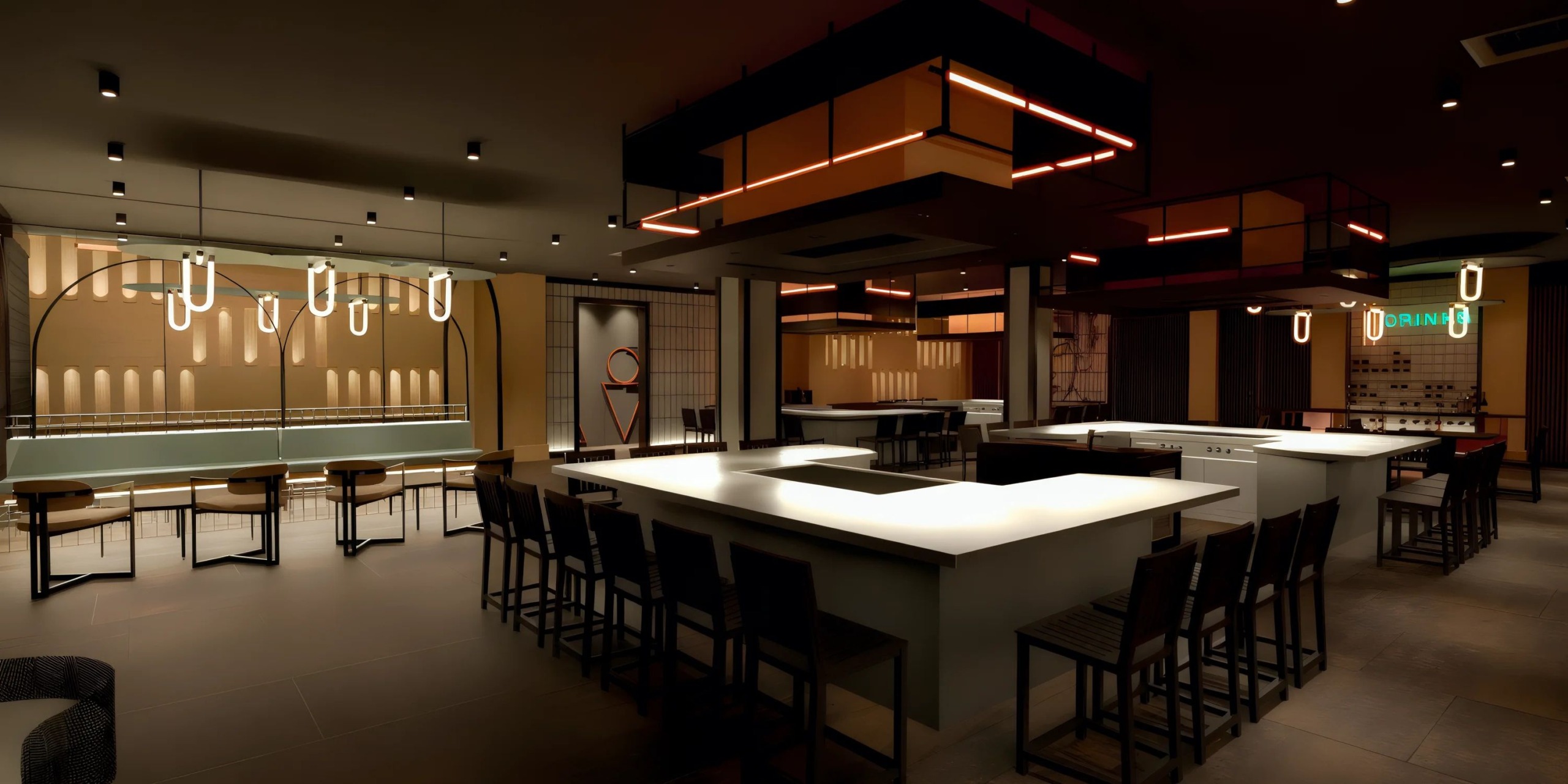 Sunscape Dominicus La Romana features a contemporary, dimly lit restaurant interior adorned with tall chairs surrounding spacious tables, pendant lighting, and elegant decor.