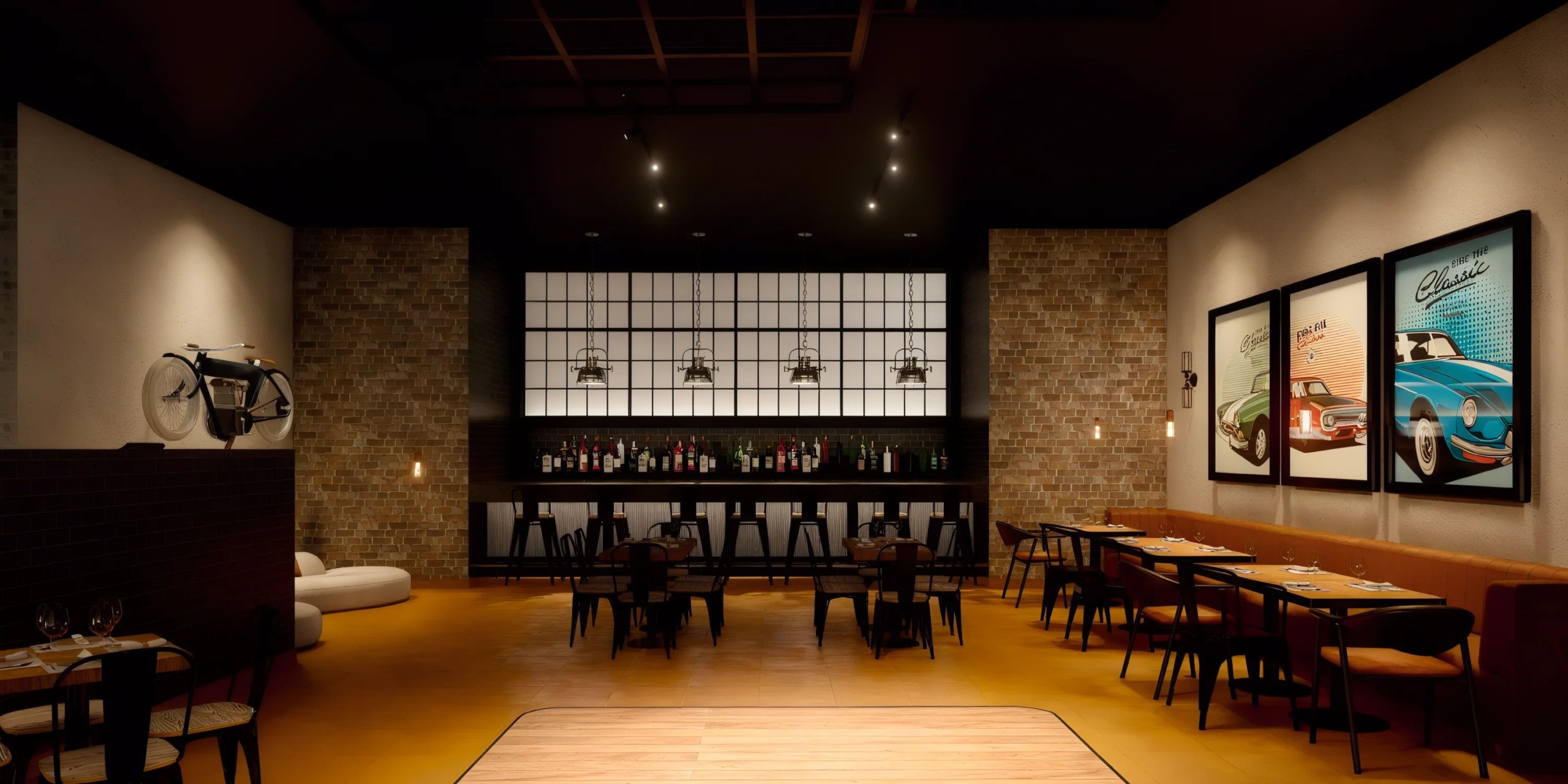 The Sunscape Dominicus La Romana boasts a contemporary restaurant interior featuring brick walls, a background bar, stylish tables and chairs, automotive wall art, and an eye-catching bicycle mounted on the wall.