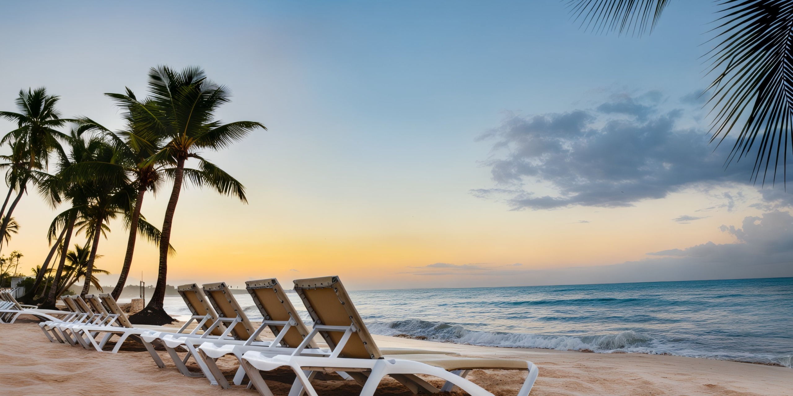 Sunscape Dominicus La Romana offers a tranquil setting of lounge chairs on a sandy beach at sunset, surrounded by palm trees and gentle ocean waves under a partly cloudy sky.