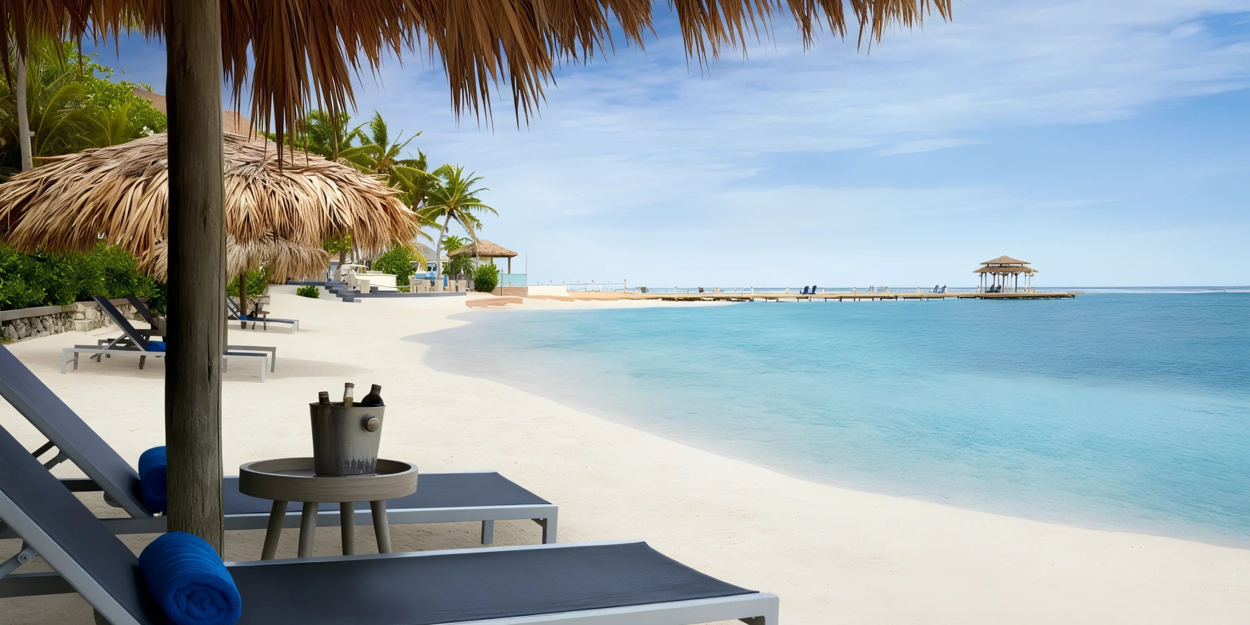 Experience the serene atmosphere at Sunscape Dominicus La Romana, where lounge chairs sit under thatched umbrellas, accompanied by a side table with a bucket of bottles. Enjoy the view of clear blue water, with palm trees and a pier in the background.