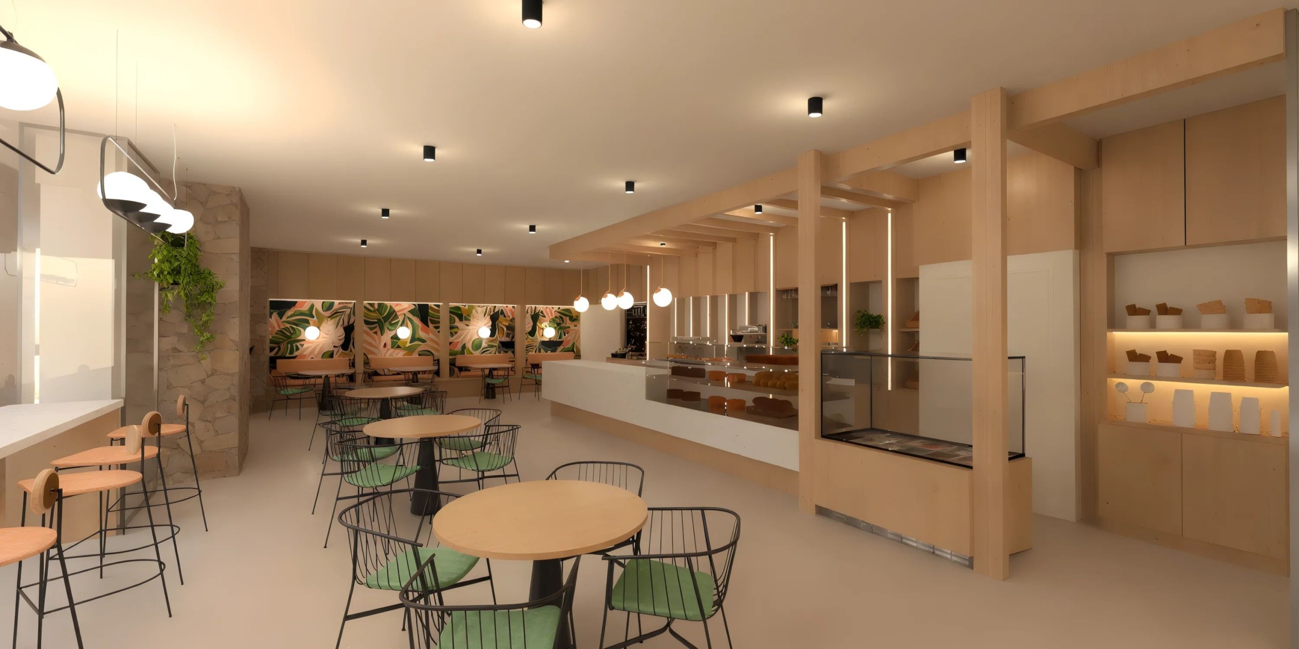 The interior of Sunscape Dominicus La Romana features a contemporary design with wooden tables and chairs, a long counter with display cases, pendant lights, and decorative plants adorning the walls.
