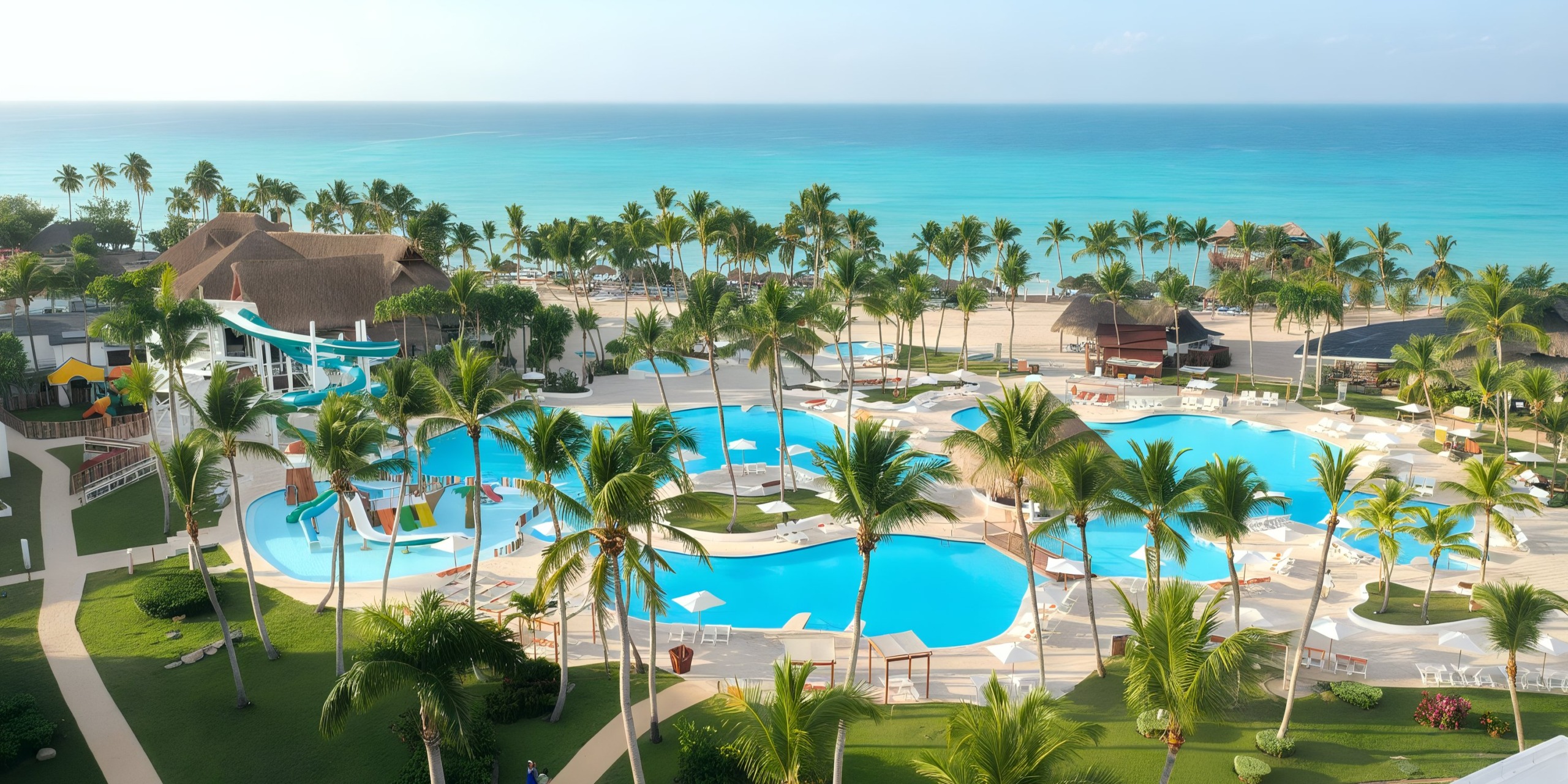 Sunscape Dominicus La Romana features several pools nestled among palm trees, offering views of a turquoise ocean.