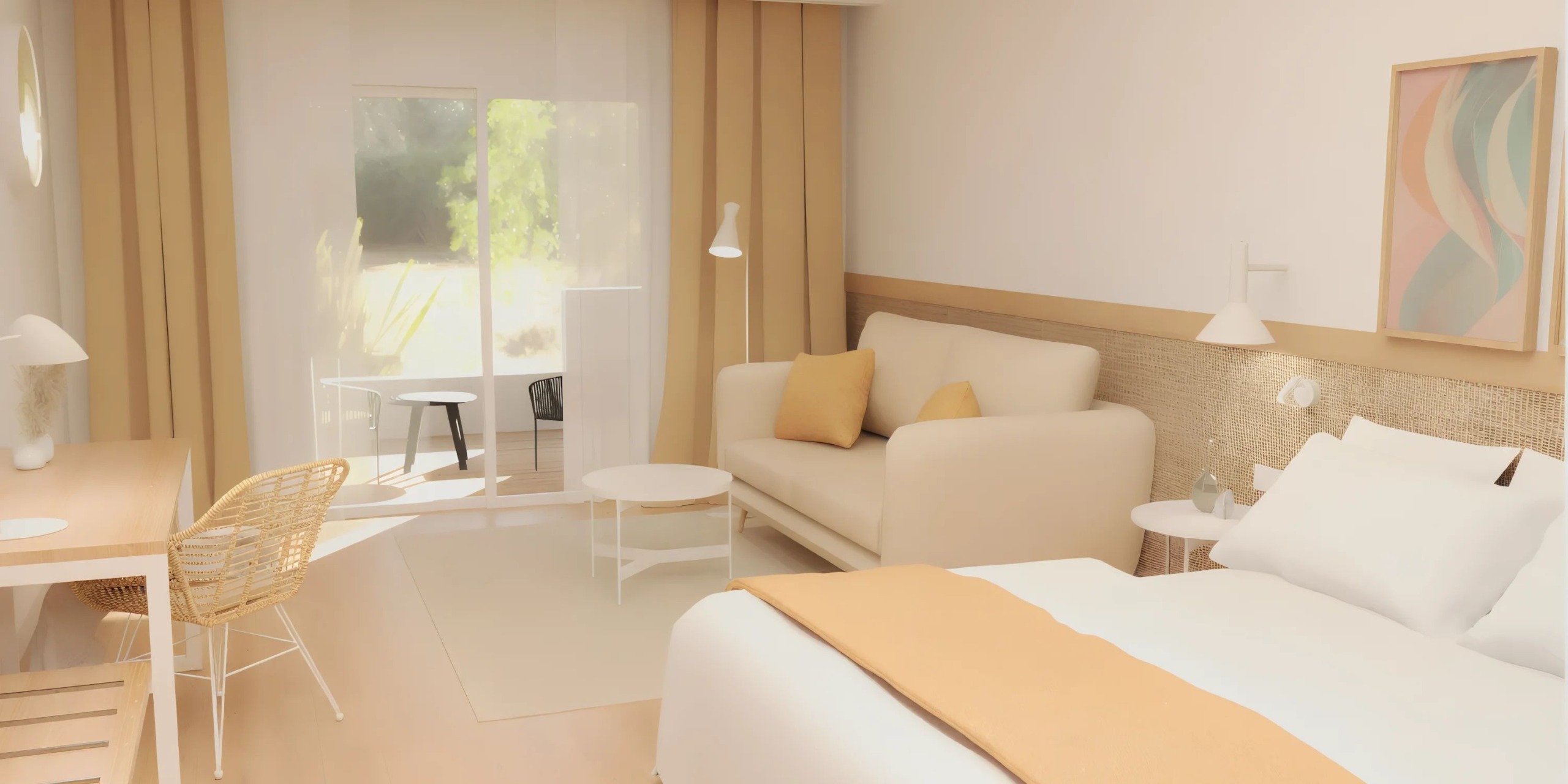 The Sunscape Dominicus La Romana offers a contemporary hotel room adorned in a beige and white color palette. This room includes a bed, sofa, desk, and chair. A sliding glass door leads to a balcony where you can enjoy outdoor seating and admire the lush greenery view.