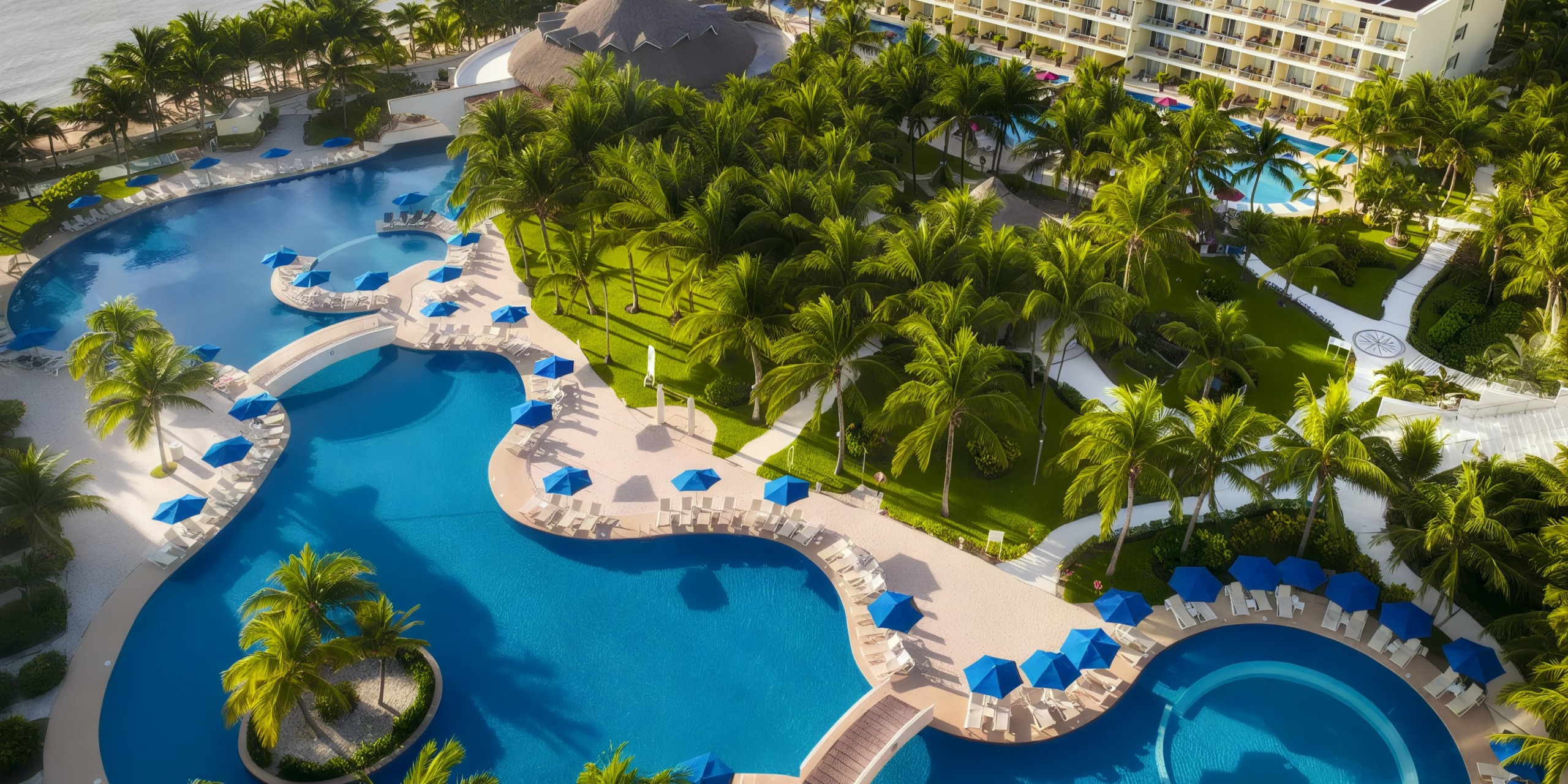 Aerial view of Azul Beach Resort Riviera Cancun featuring multiple pools encircled by palm trees, sun loungers, and blue umbrellas. A curved building is situated next to the pools.