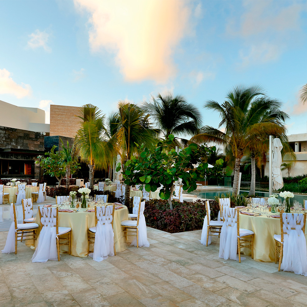 Outdoor wedding reception setup with round tables covered in white and gold linens, surrounded by chairs with white covers, surrounded by palm trees and greenery.