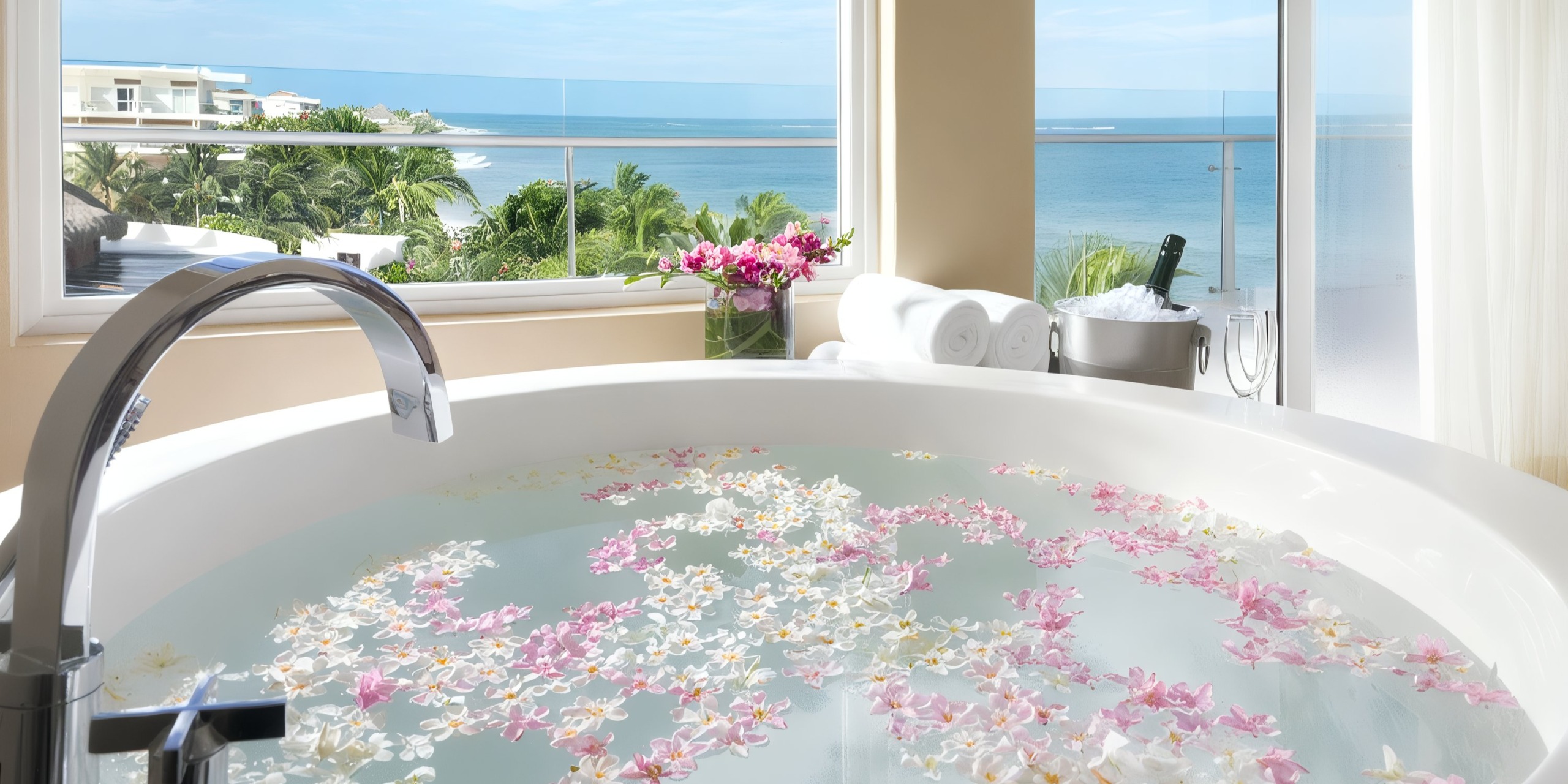 A bathtub surrounded by flower petals offers a serene escape at the Azul Beach Resort Riviera Cancun, with large windows providing a stunning ocean view. Nearby, you'll find towels and a bucket of wine for added relaxation.
