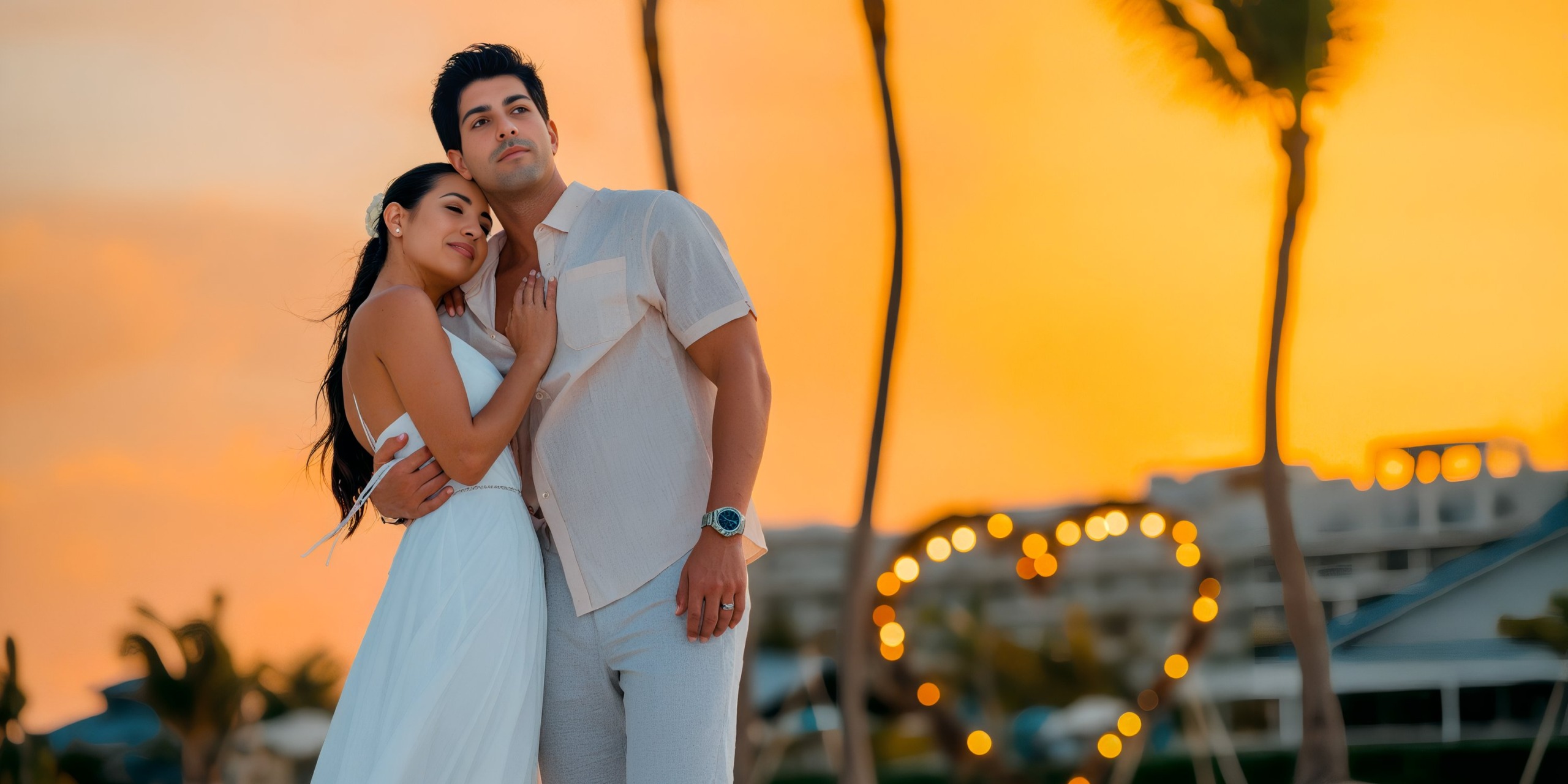 A couple dressed in white stands close together on a beach at sunset, with palm trees and a heart-shaped light display in the background at Azul Beach Resort Riviera Cancun.