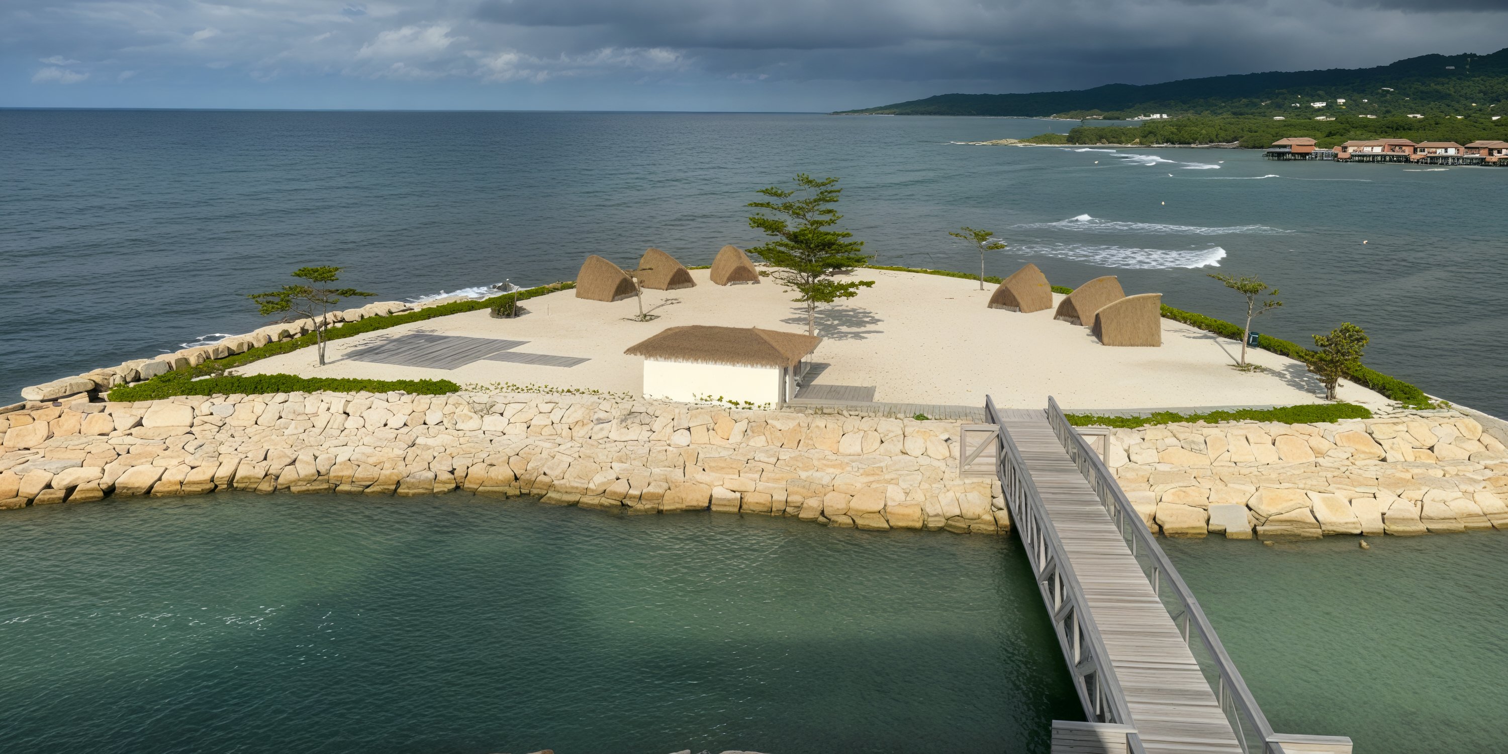 Princess Grand Jamaica Island offers an idyllic setting for a destination wedding, featuring charming huts and stunning waters that surround the area. A wooden bridge elegantly leads guests to this romantic location, making it a perfect choice for exchanging vows.