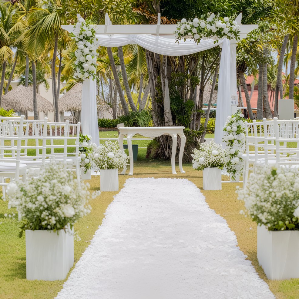 Beautiful outdoor destination wedding arrangement featuring white floral decorations, elegantly arranged chairs, and a stunning arch set amidst lush green grass.
