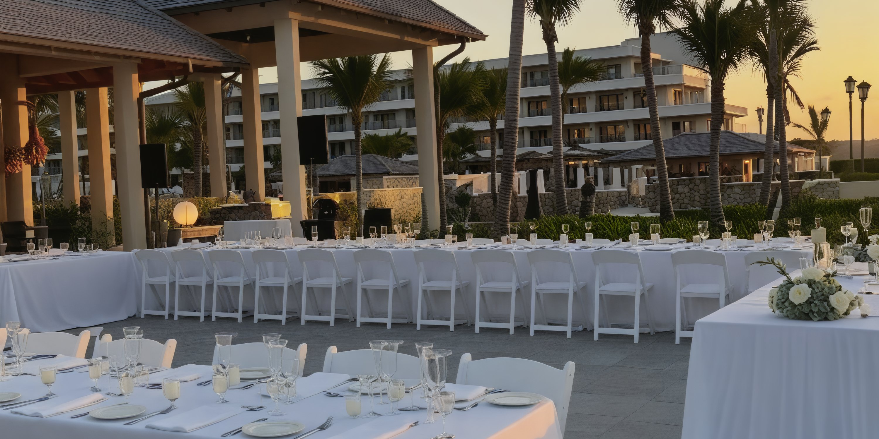 At sunset, a stunning destination wedding setup graces the Princess Grand Jamaica with long tables and elegant white chairs.