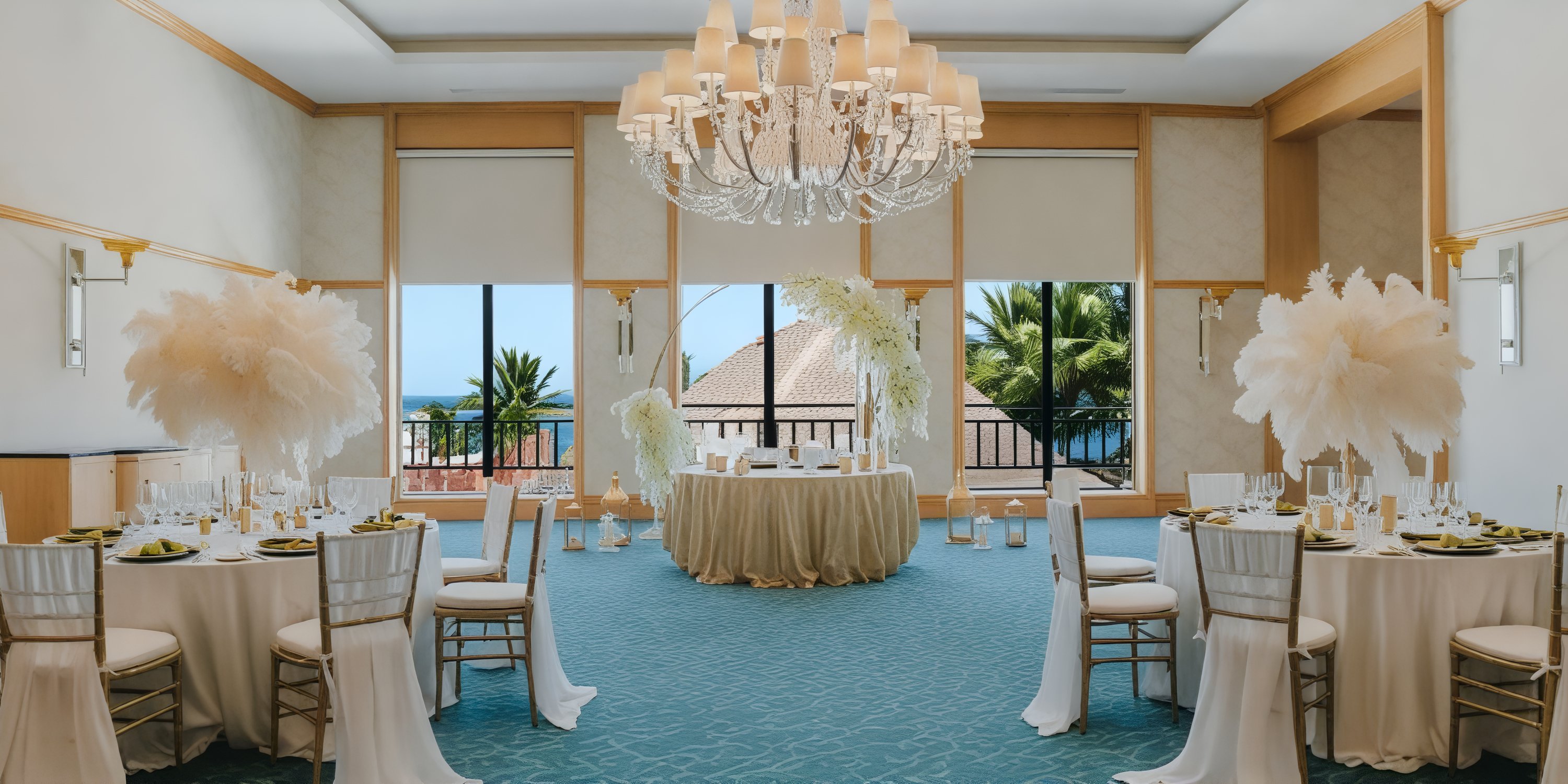 Margaritaville Island Reserve provides an elegant setting ideal for destination weddings, featuring round tables and a grand chandelier that adds a touch of sophistication.