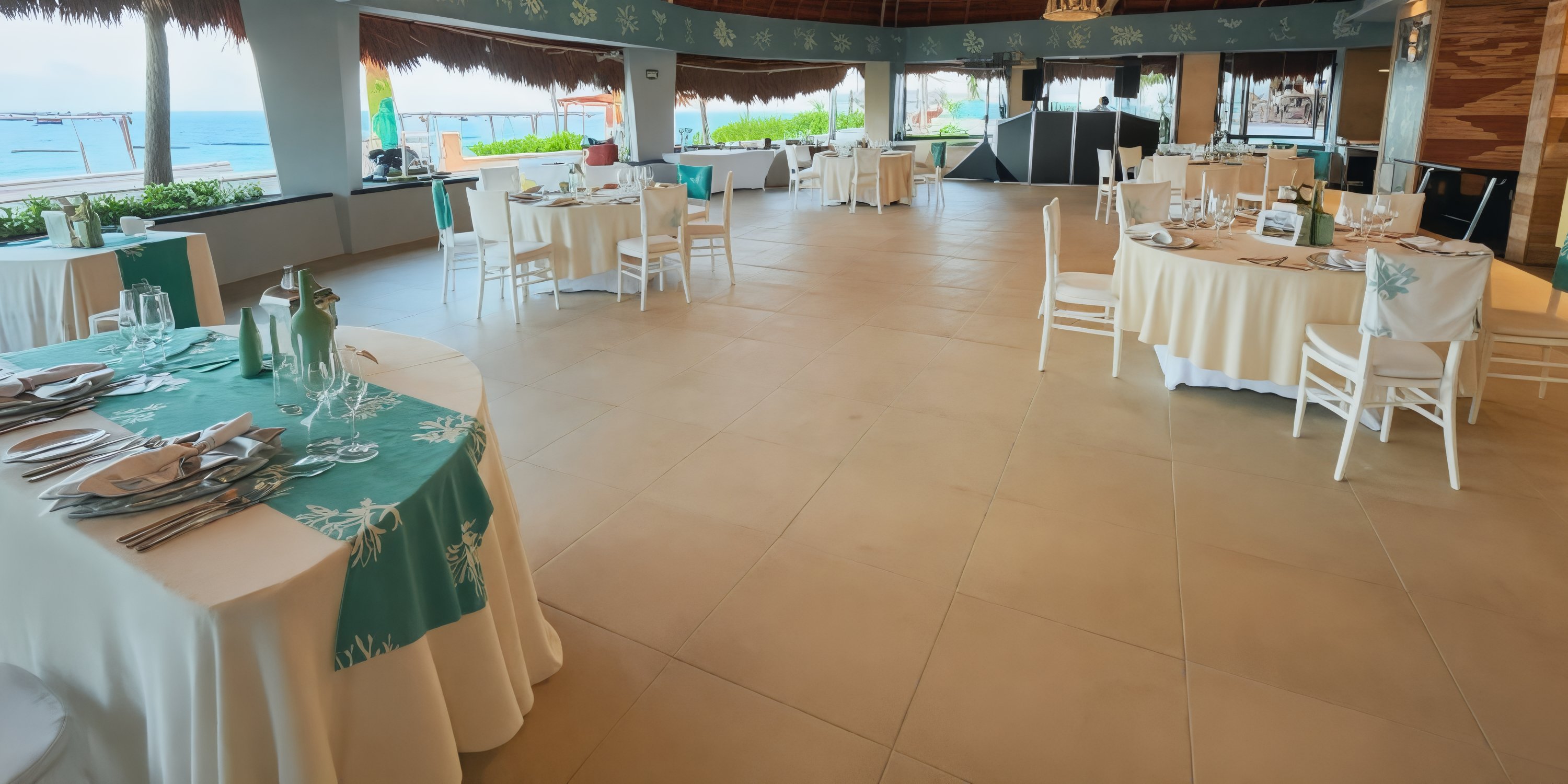 Experience a delightful dining experience at Margaritaville Cancun's ocean-view restaurant, where round tables are perfectly arranged for your destination wedding celebration.