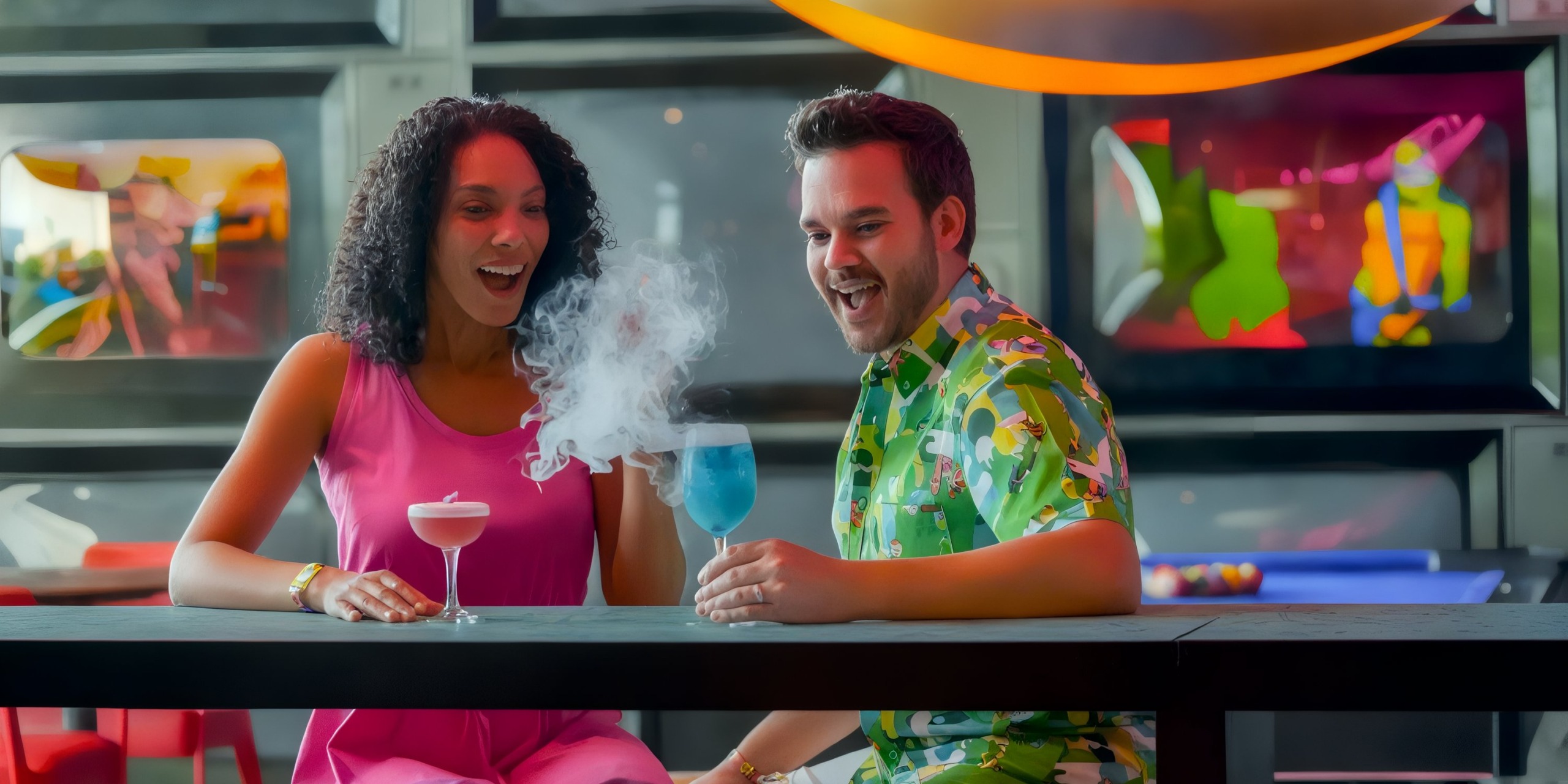 At Nickelodeon Hotels & Resorts Riviera Maya, two people sit at a table, one enjoying a smoking blue beverage while the other holds a pink drink, surrounded by vibrant artwork in the background.
