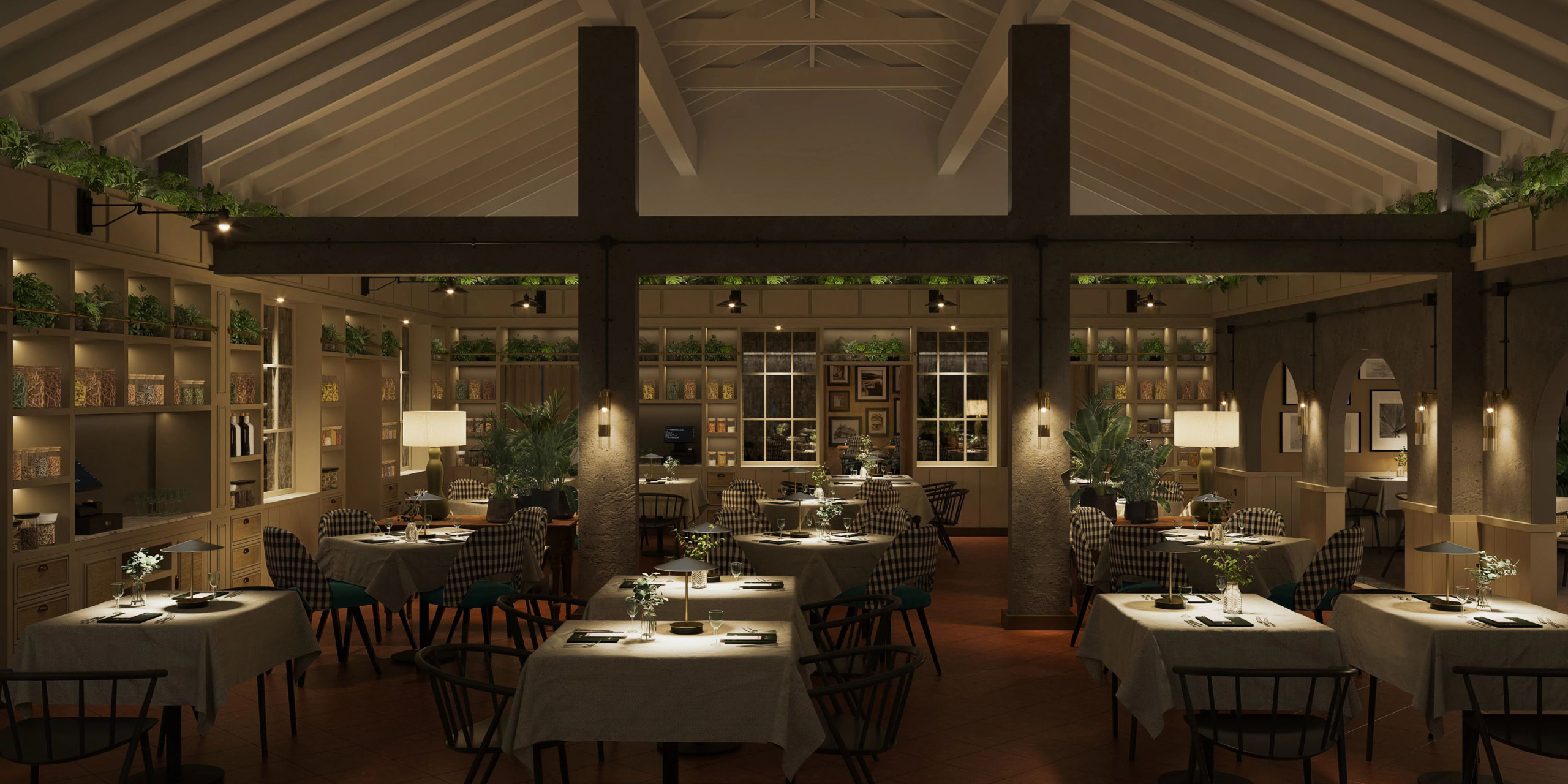 The interior of Secrets St Lucia features a cozy ambiance with neatly arranged tables, soft lighting, and green plants adorning the shelves and beams.