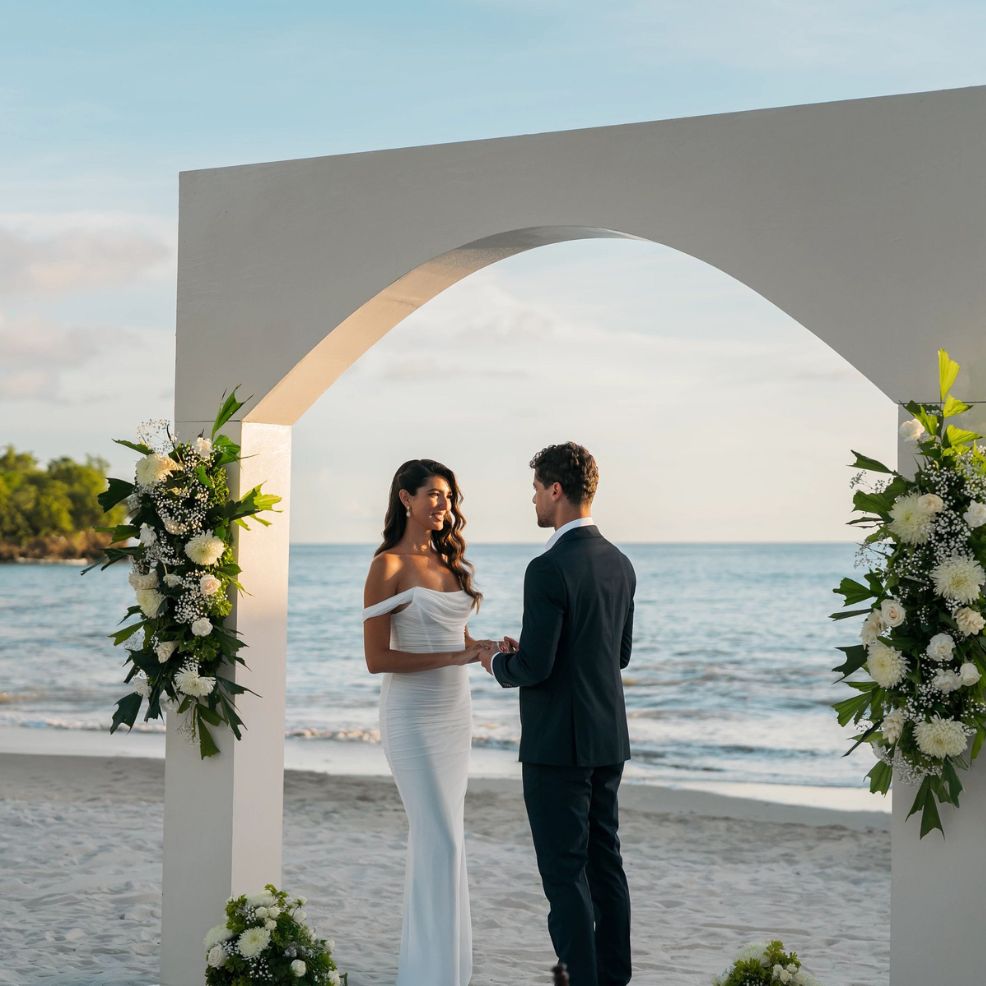 A couple exchanges vows under a floral arch at sunset during their destination wedding on the beach.