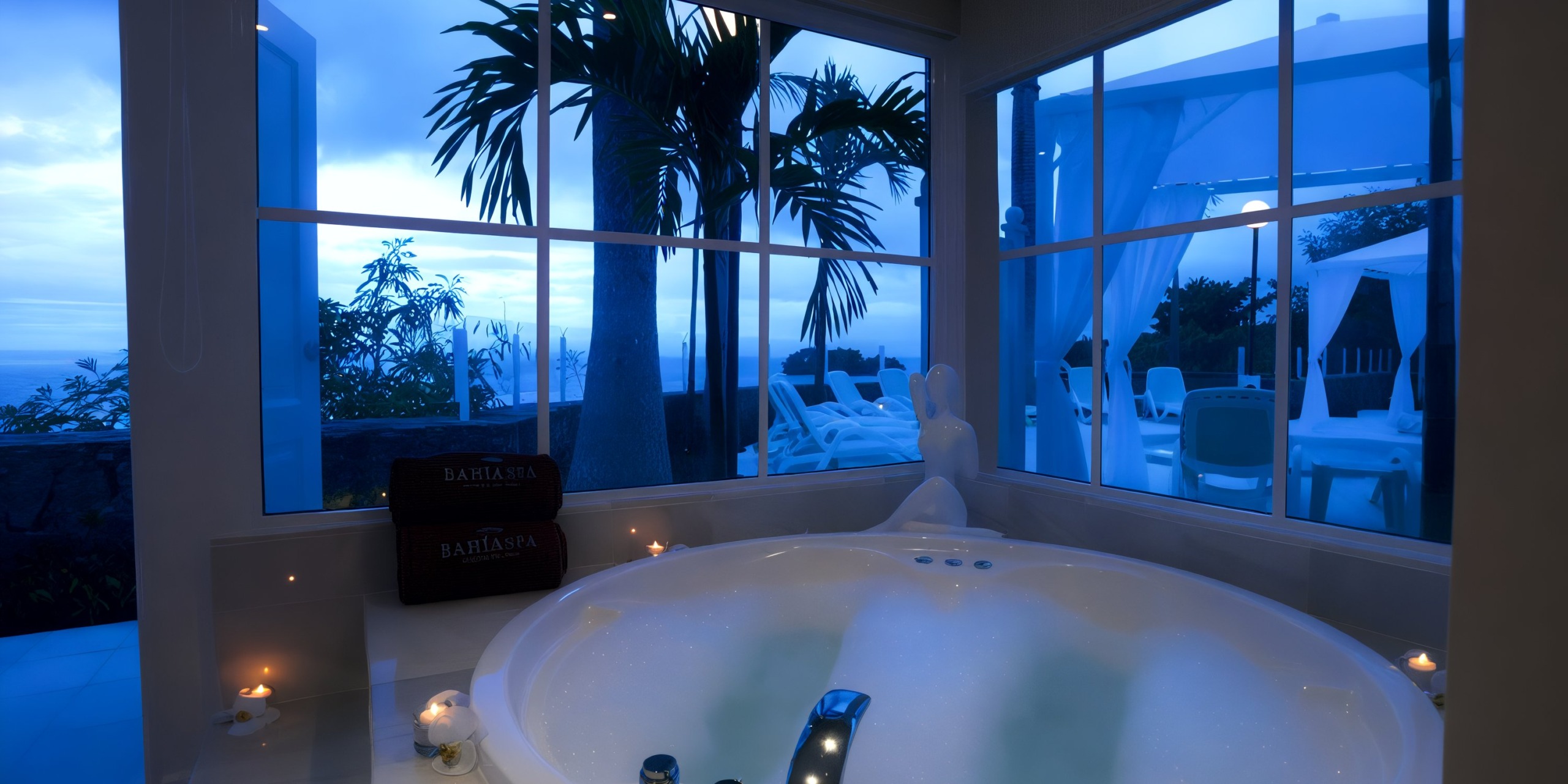 Experience a luxurious bathroom at the Bahia Principe Grand Samana, complete with a spacious jacuzzi that offers tropical outdoor views. Enjoy palm trees and blue-tinted ocean scenery through large windows, while candles illuminate the area around the tub.