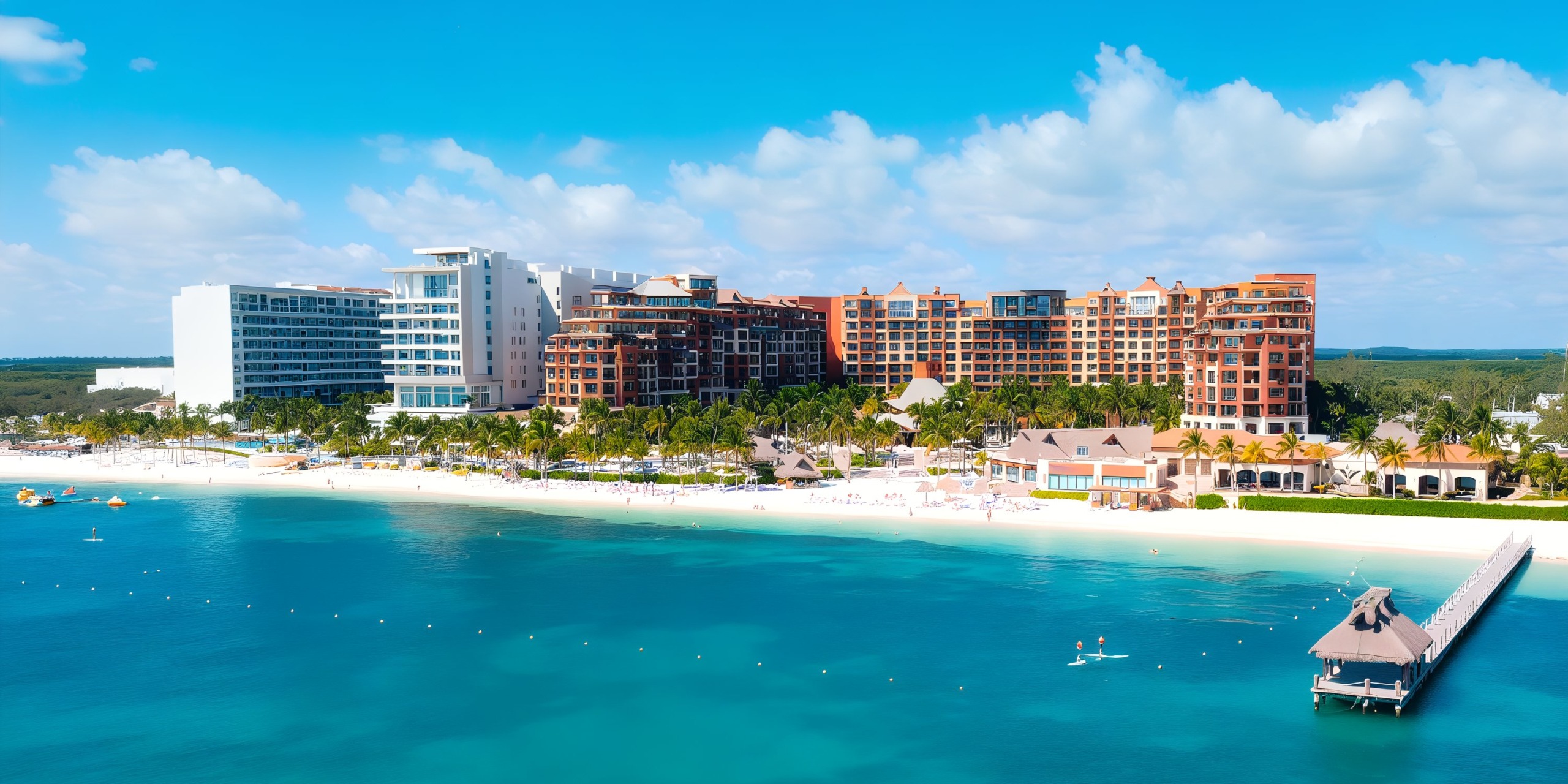 Aerial view of Garza Blanca Cancun, a beachfront resort with multiple buildings surrounded by palm trees, facing a turquoise sea with a wooden pier extending into the water.