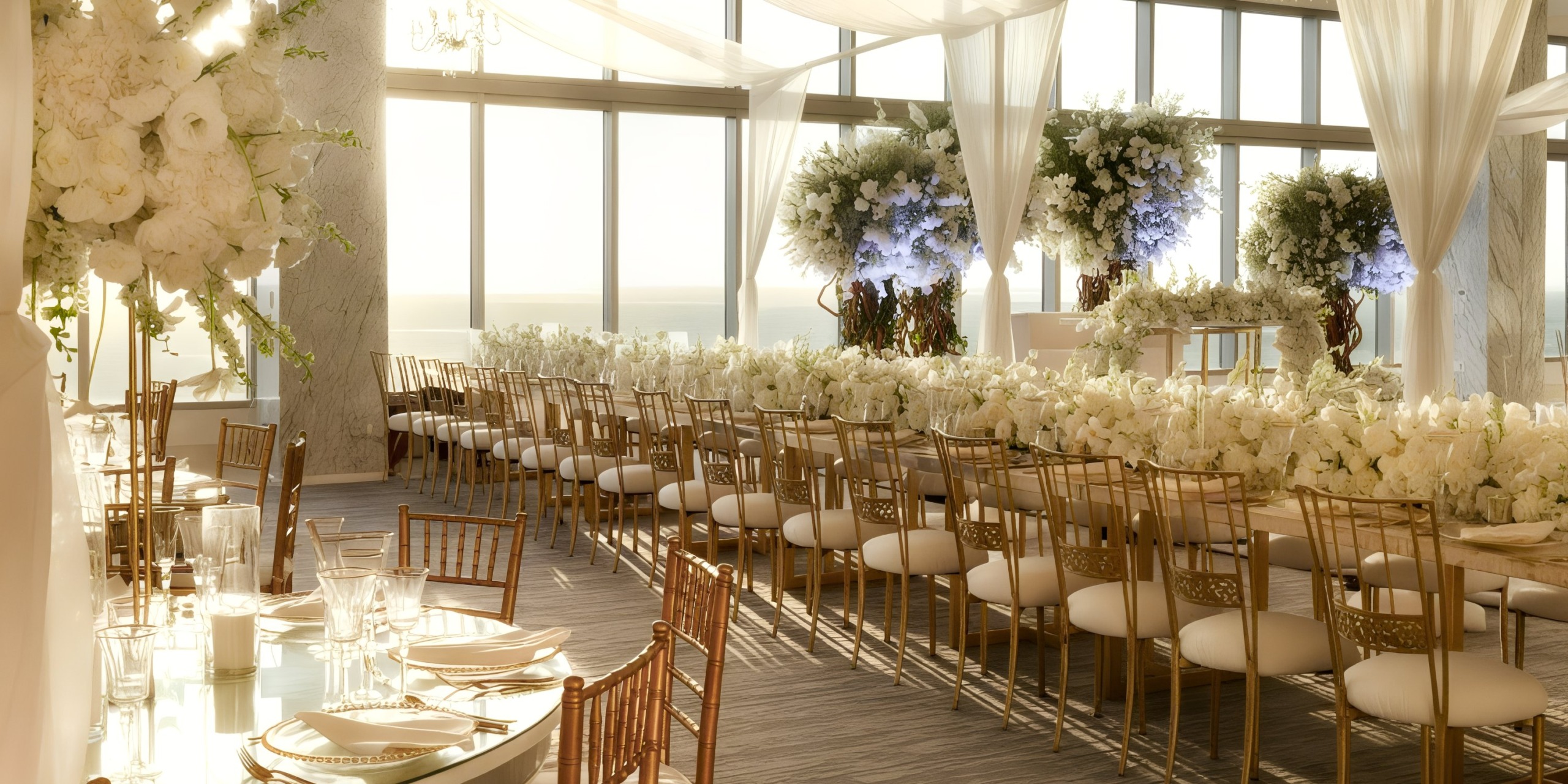 The Garza Blanca Cancun wedding venue features rows of wooden chairs adorned with elegant white floral decorations, complemented by large windows that offer a bright, sunlit view.