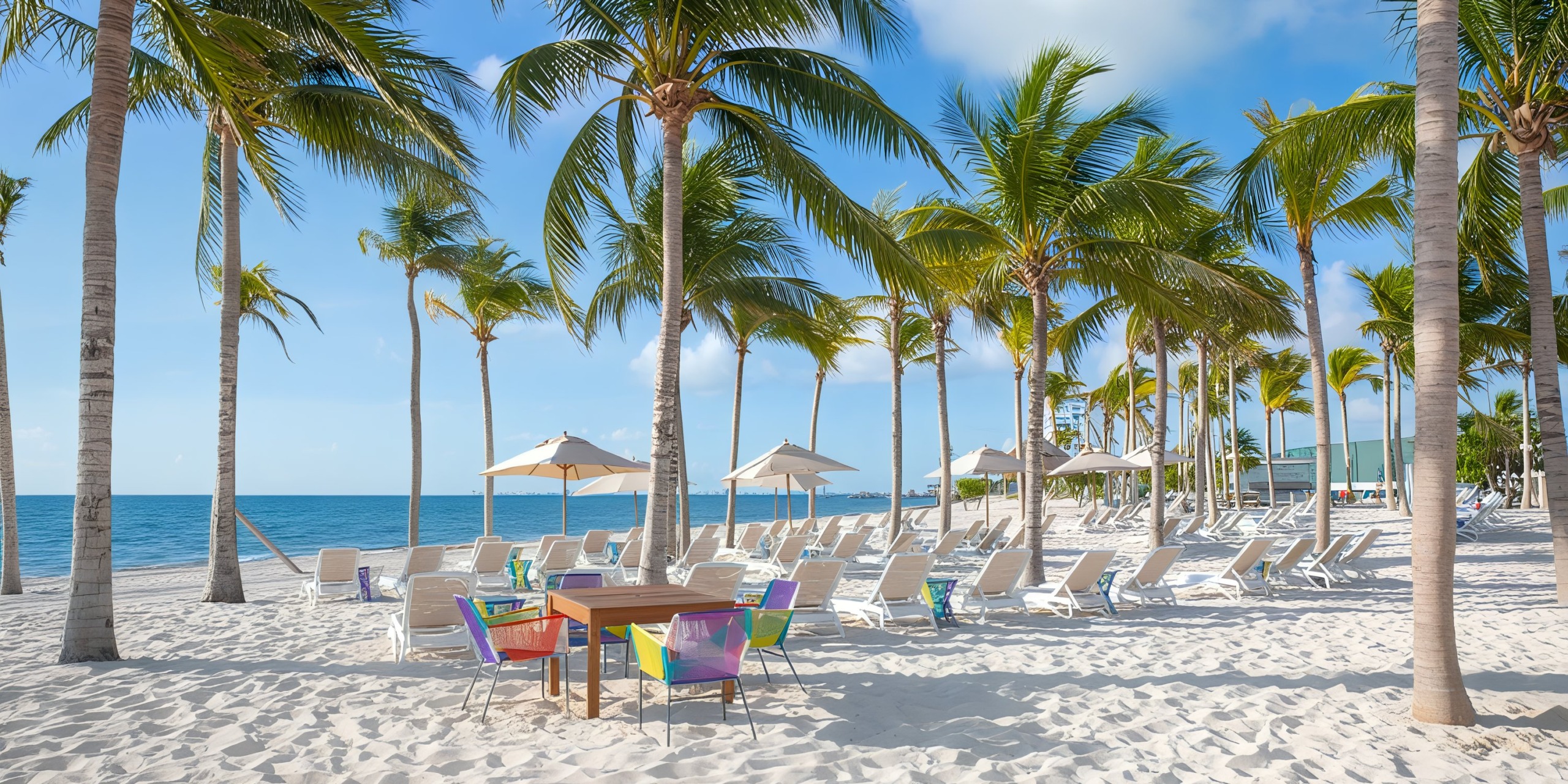 The Garza Blanca Cancun offers a picturesque sandy beach lined with lounge chairs and umbrellas nestled under swaying palm trees, facing a tranquil ocean, while a wooden table and vibrant chairs are set in the foreground.
