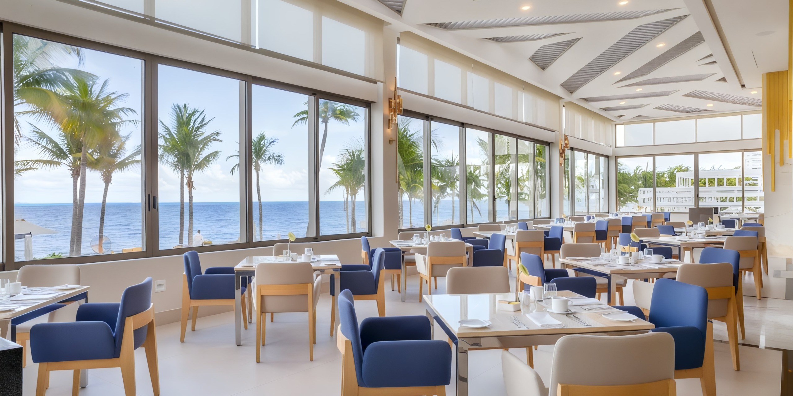 Garza Blanca Cancun offers a spacious dining experience with an ocean view, featuring modern decor, large windows, and elegantly set tables for guests.