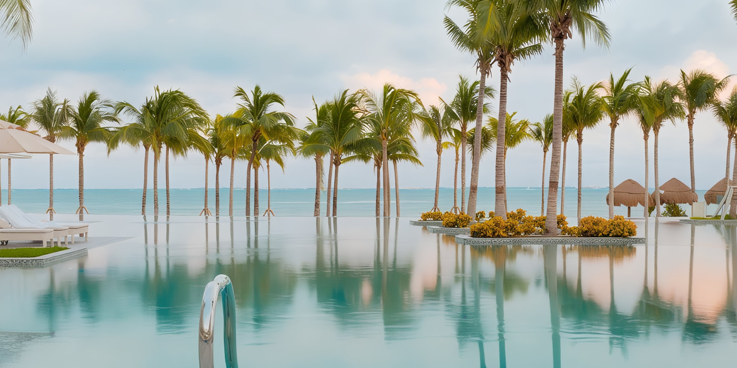 Infinity pool at Garza Blanca Cancun with palm trees in the distance, overlooking a calm ocean under a cloudy sky.