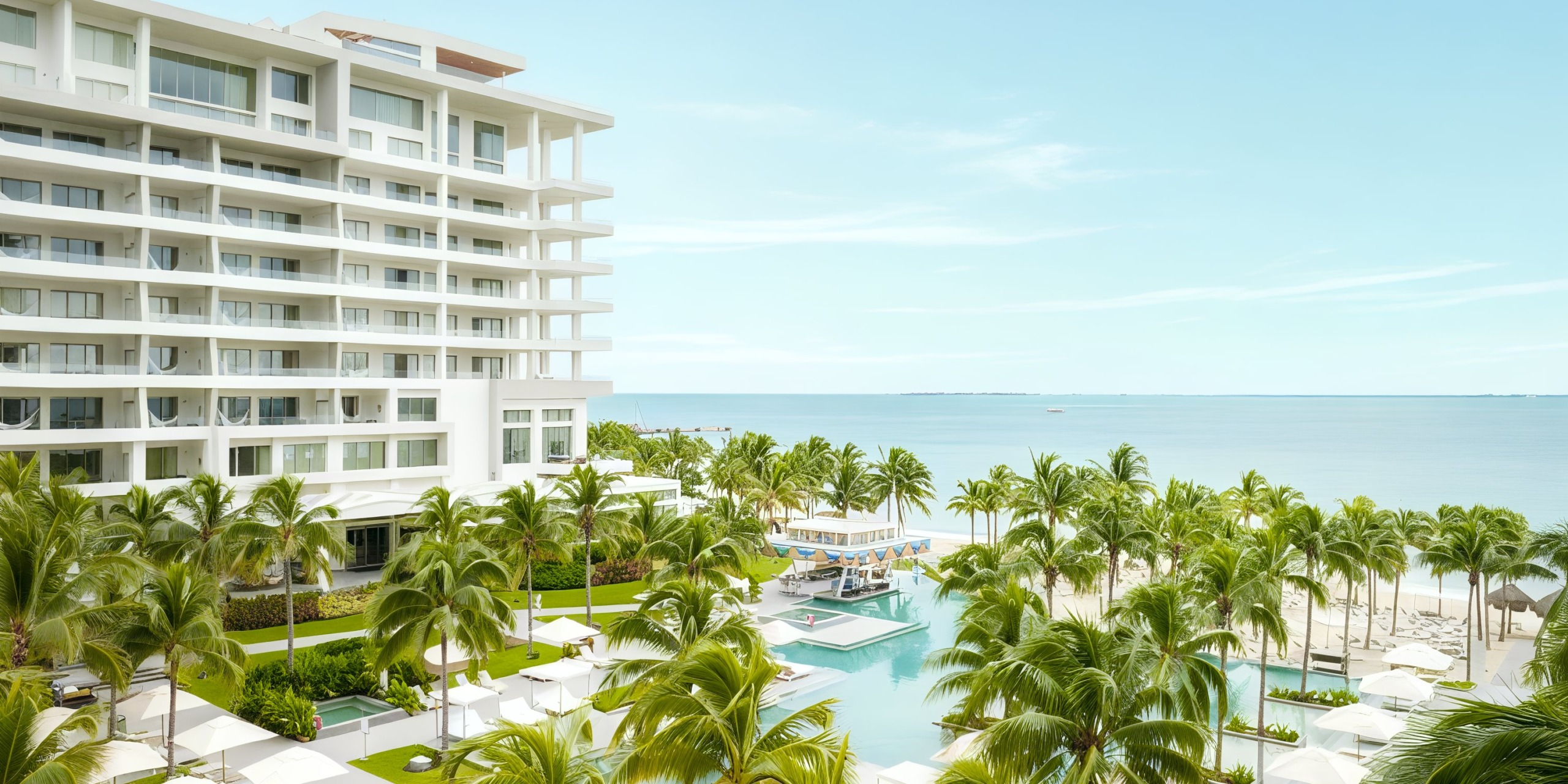 Garza Blanca Cancun is a beachfront hotel featuring a pool surrounded by palm trees, offering stunning views of the ocean under a clear sky.