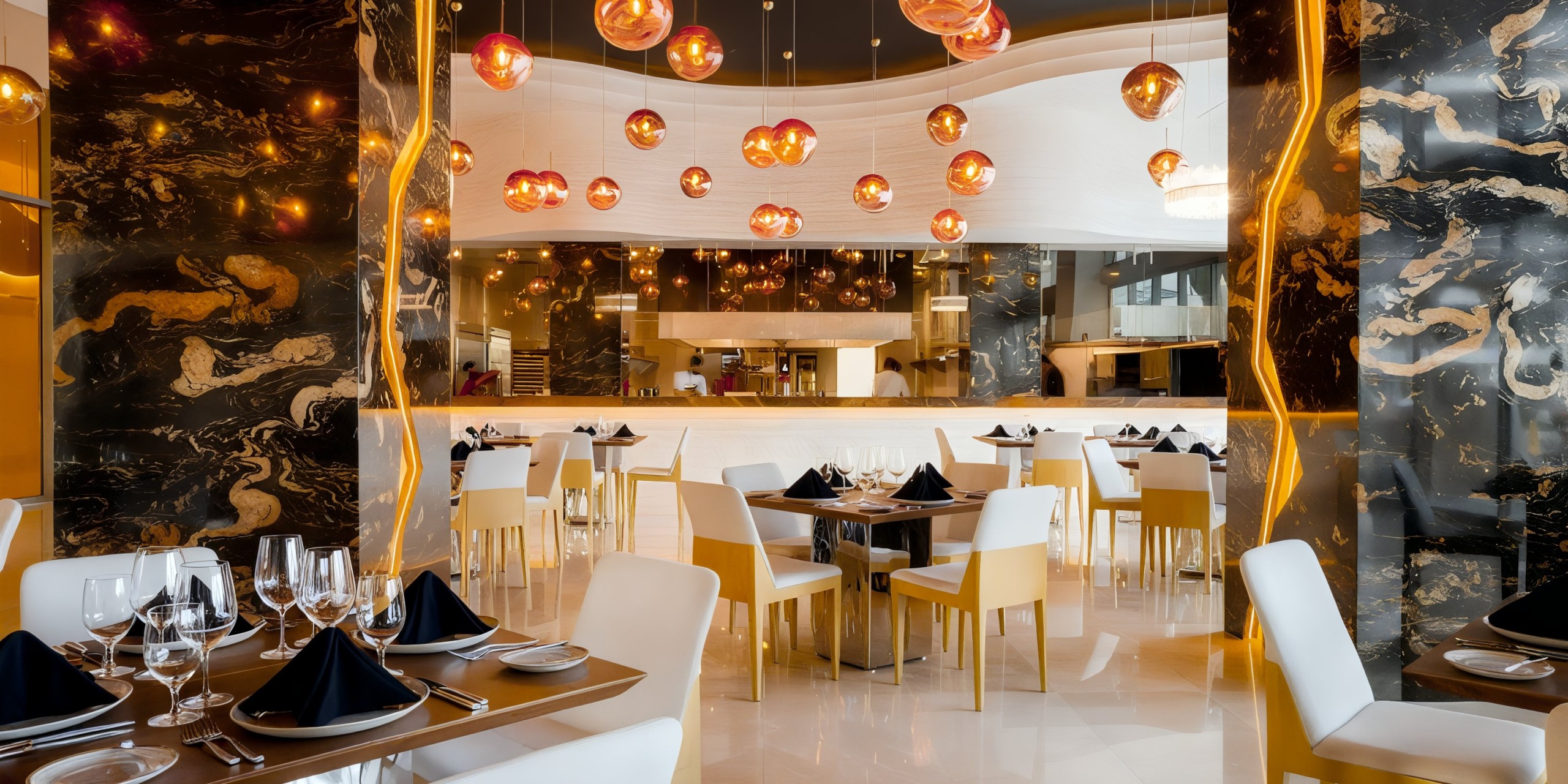 The interior of Garza Blanca Cancun exudes elegance with its modern decor, showcasing gold and black marble accents. It features hanging amber lights and neatly set tables adorned with white chairs and black napkins.