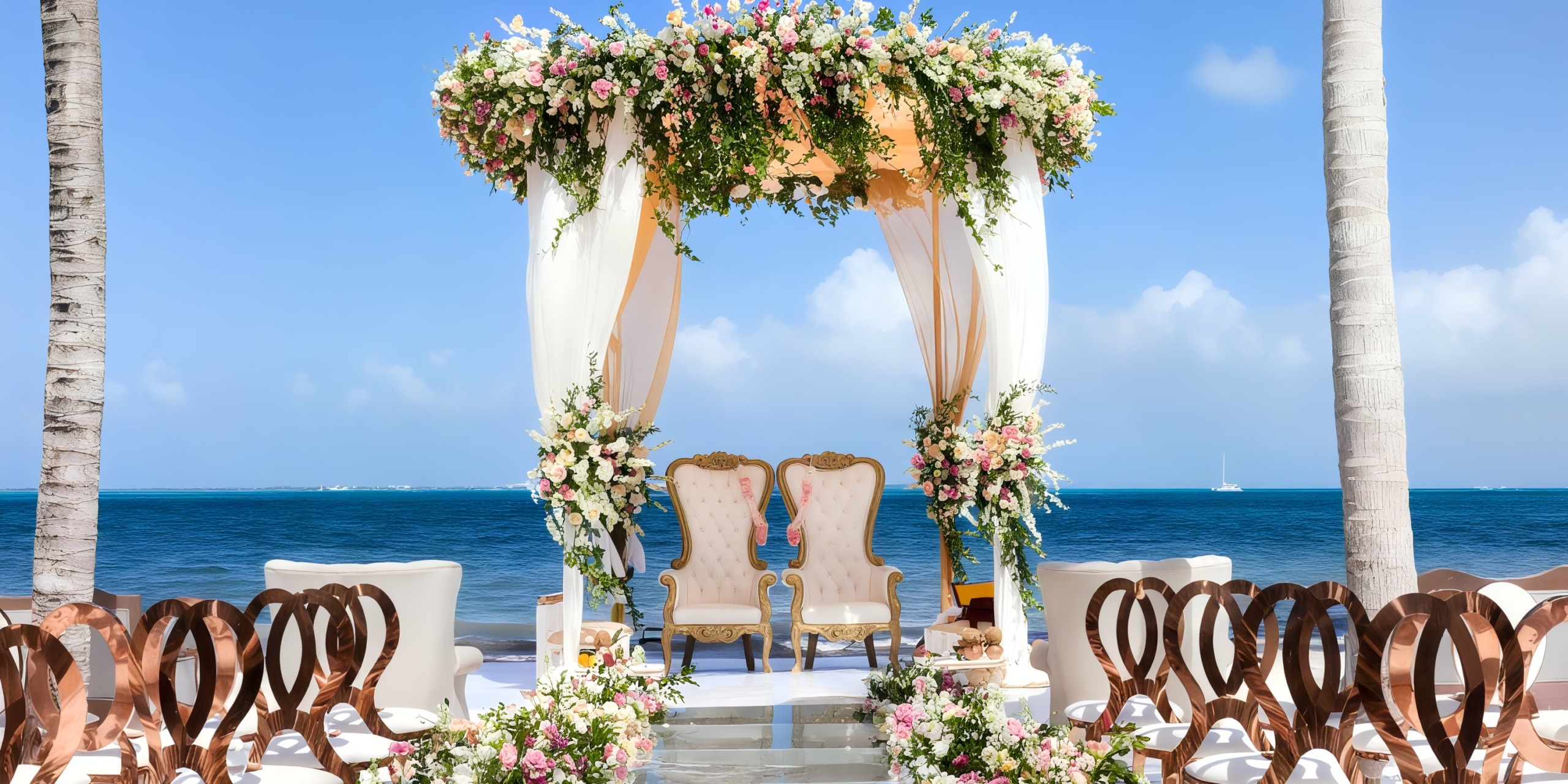 The beachside wedding setup at Garza Blanca Cancun features a floral-decorated arch with two elegant chairs and wooden seating for guests, all under a pristine blue sky.