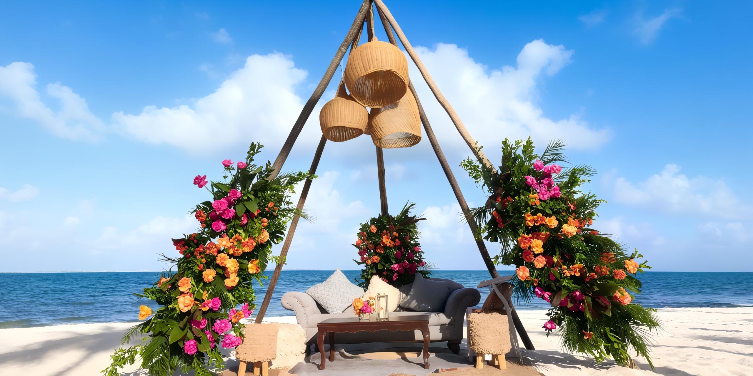 A beach setting at Garza Blanca Cancun featuring a triangular wooden canopy adorned with vibrant flowers, cushioned seating, and two small stools, set against a blue sky and ocean background.
