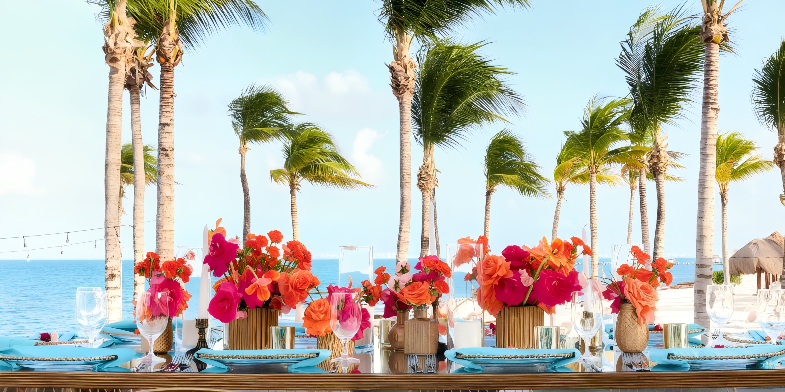 Enjoy an elegant outdoor dining experience at Garza Blanca Cancun, featuring vibrant pink and orange flowers adorning the table, set against a breathtaking backdrop of palm trees, the ocean, and a clear blue sky.