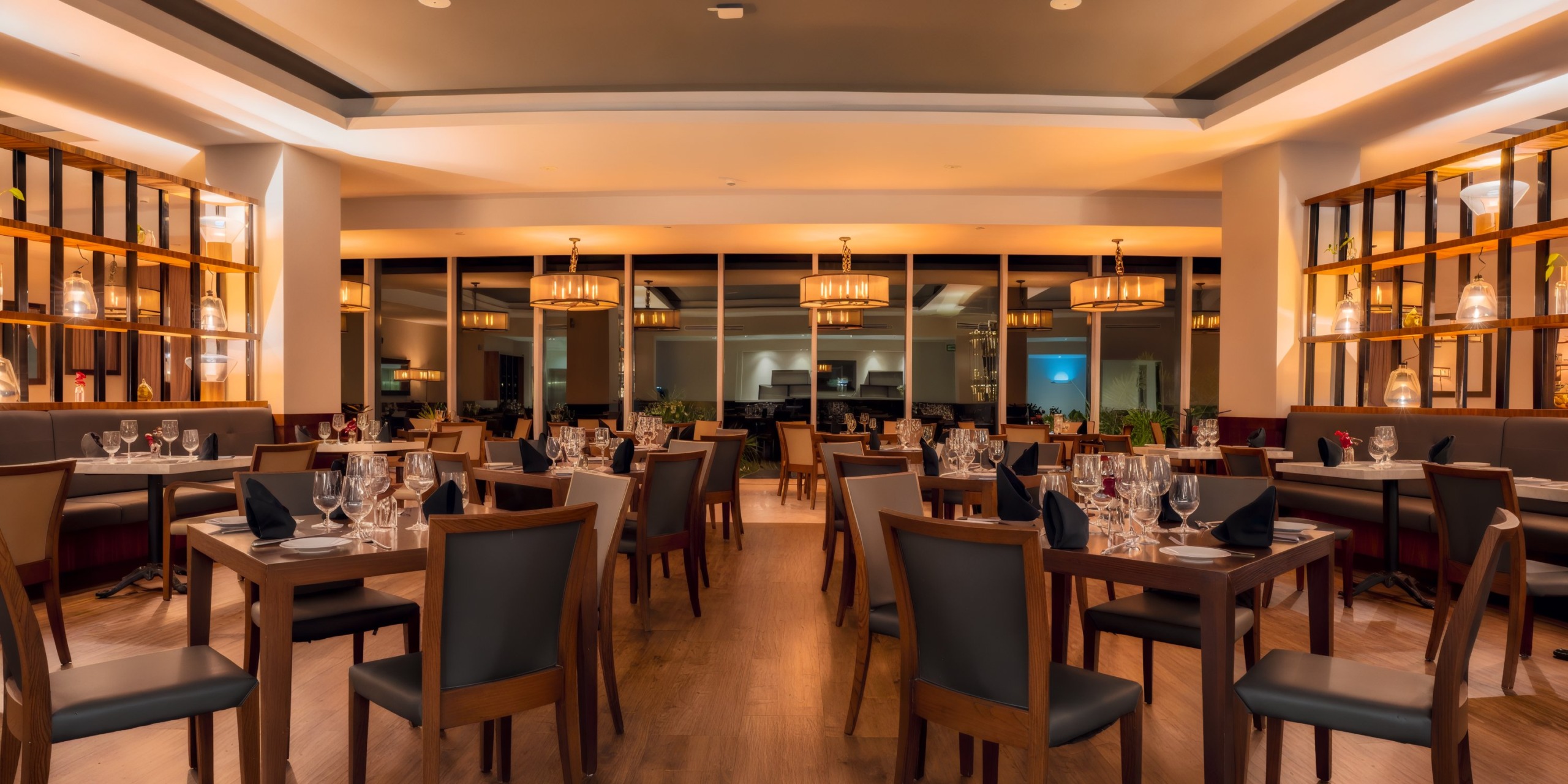 The Hilton Vallarta Riviera All-Inclusive Resort features a chic restaurant interior adorned with wooden tables and chairs, perfectly arranged with elegant glassware and napkins, all illuminated by cozy, warm lighting.