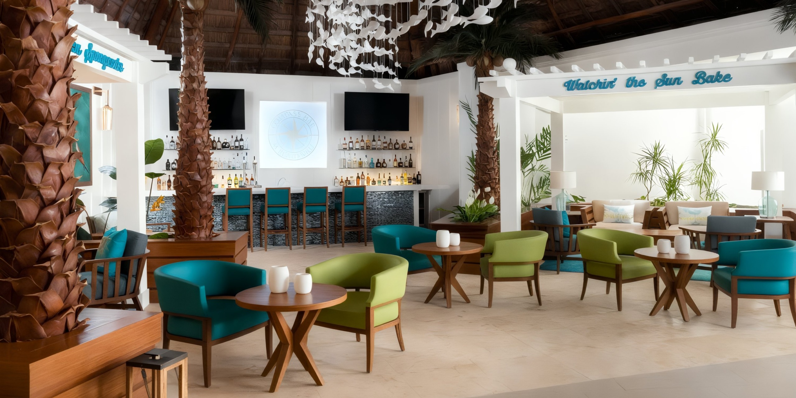 Experience the Margaritaville Island Reserve Resort Riviera Cancun, featuring a contemporary lounge with vibrant chairs and tables, a bar complete with assorted bottles and stools, two expansive flat-screen TVs, and charming decorative palm trees beneath a thatched roof.