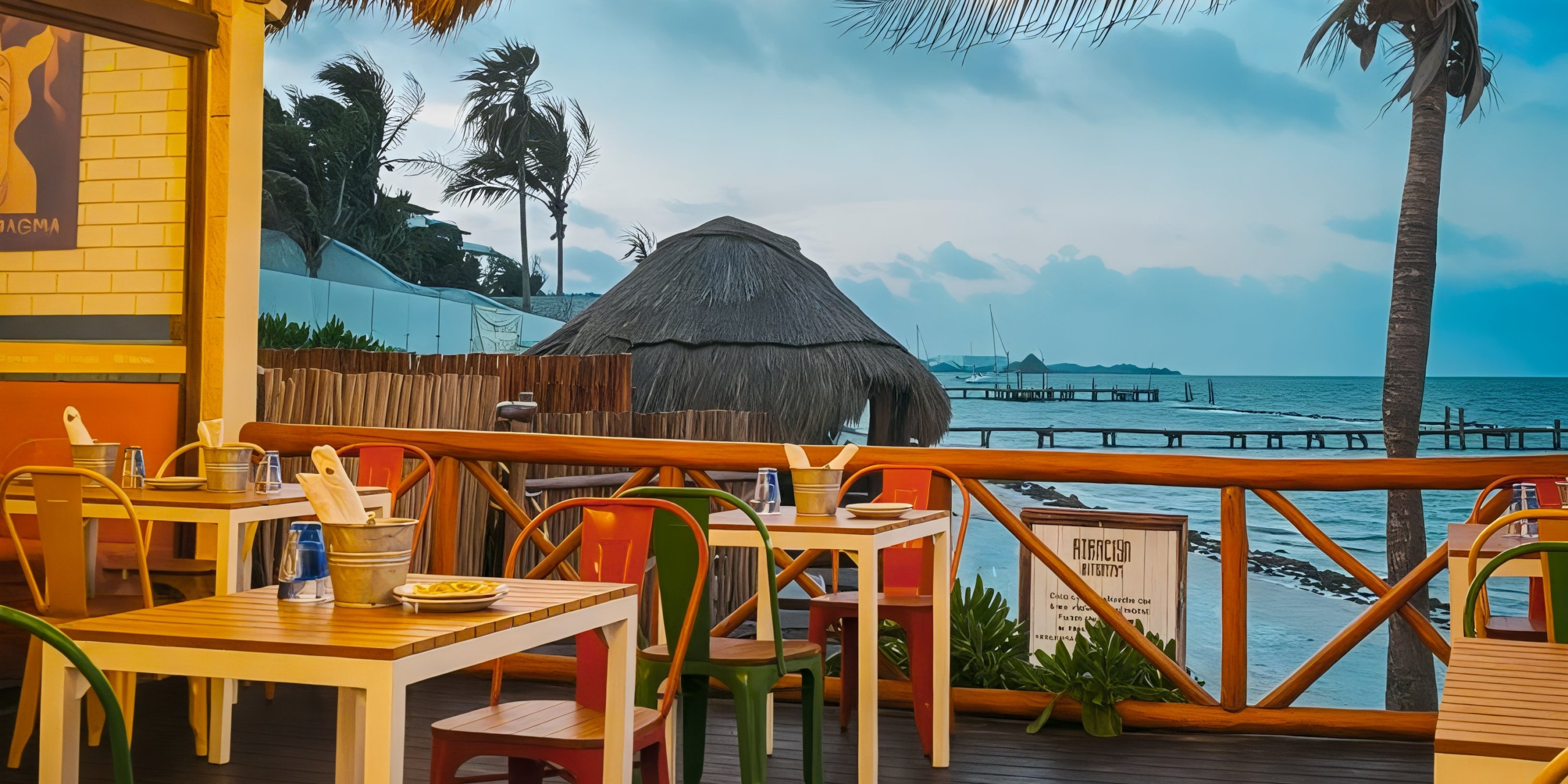 Margaritaville Island Reserve Resort Riviera Cancun features an outdoor beachside restaurant with wooden tables and colorful chairs, offering a stunning view of the ocean under a cloudy sky. In the background, palm trees and a thatched roof structure complete the picturesque setting.