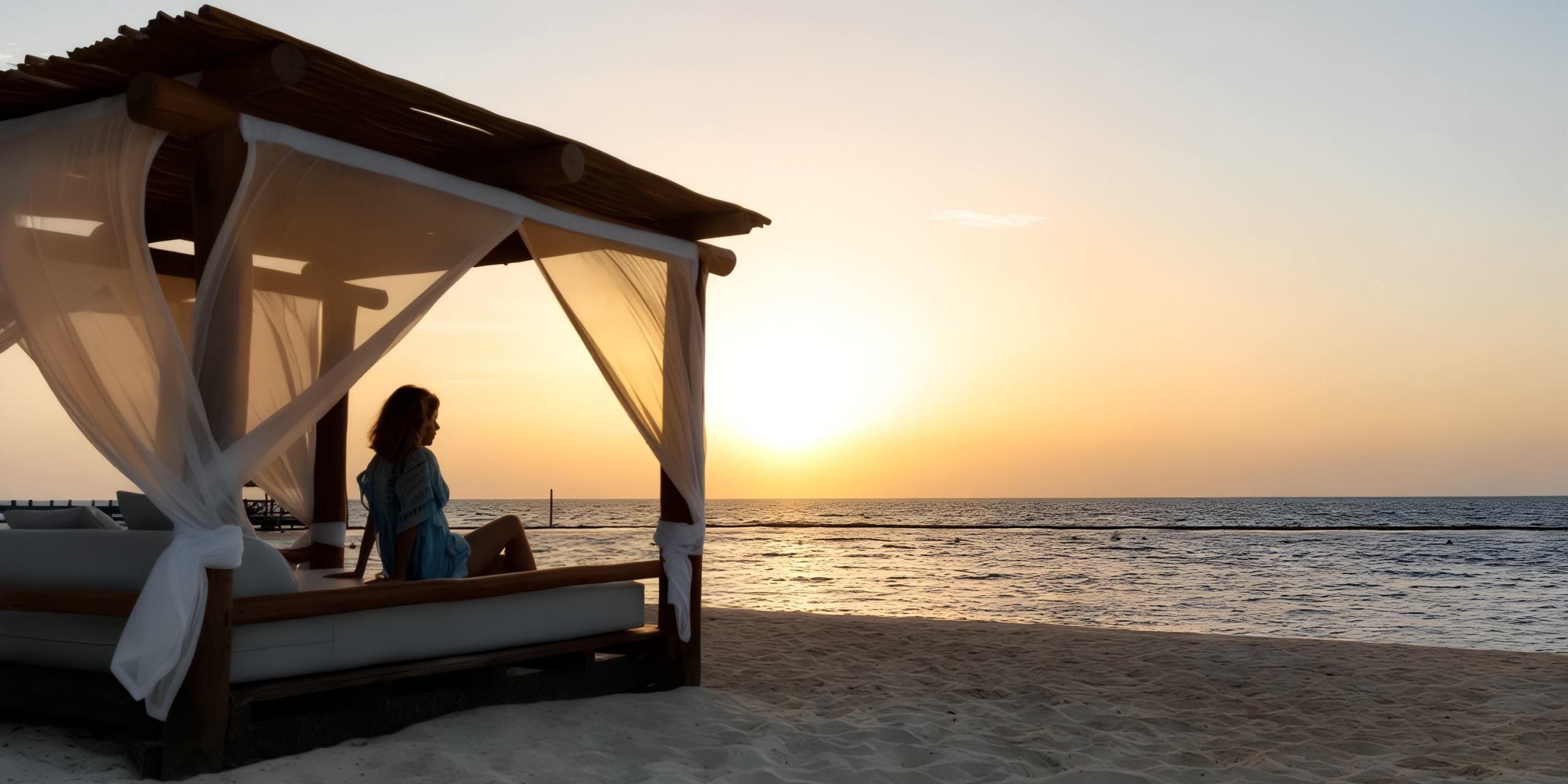 A person relaxing on a canopy bed at the Margaritaville Island Reserve Resort Riviera Cancun, enjoying the sunset over the ocean.