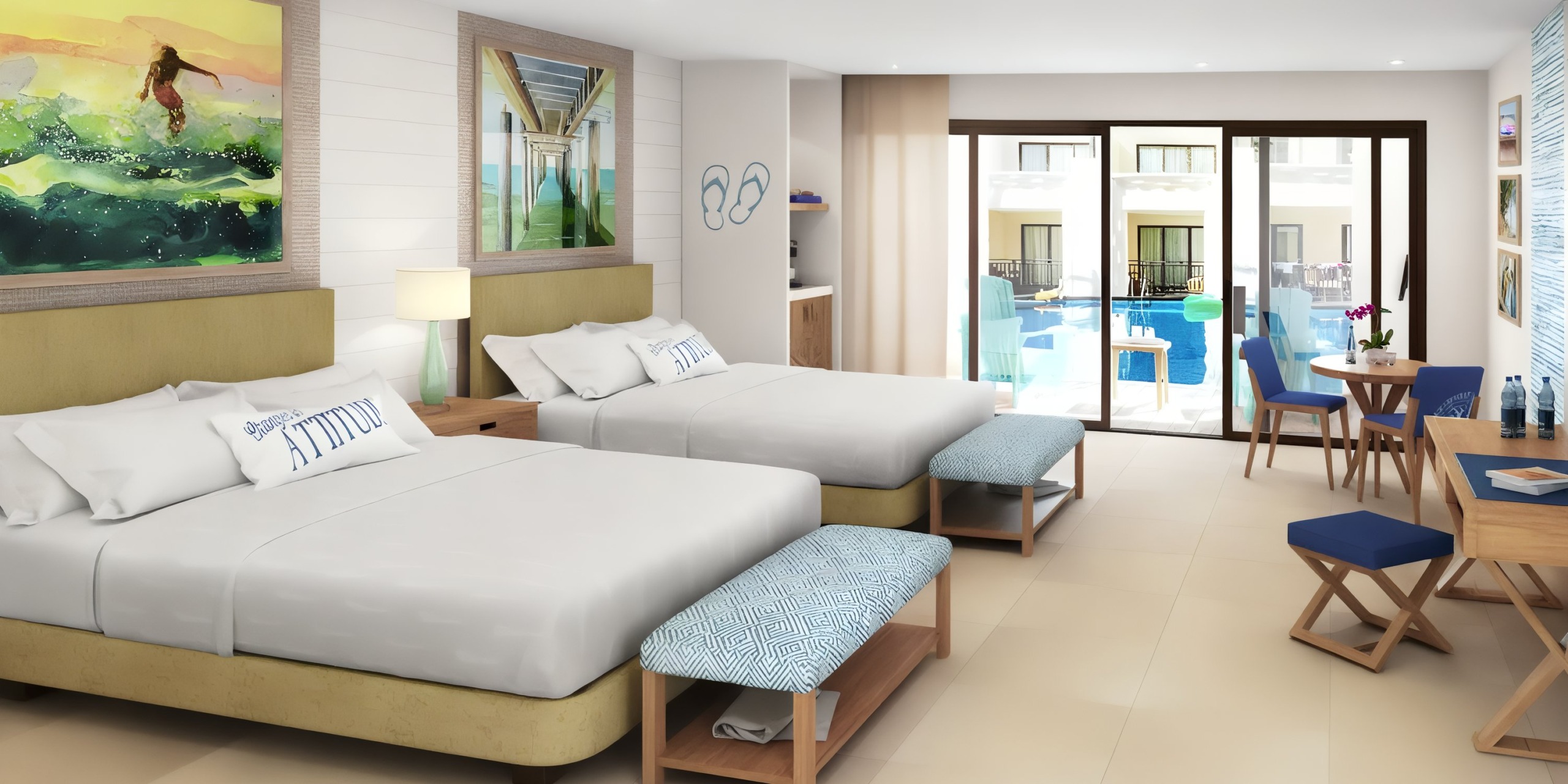 Room at Margaritaville Island Reserve Resort Riviera Cancun featuring two double beds, a desk, and a balcony with a view of the pool. The decor includes vibrant artwork and contemporary furnishings.