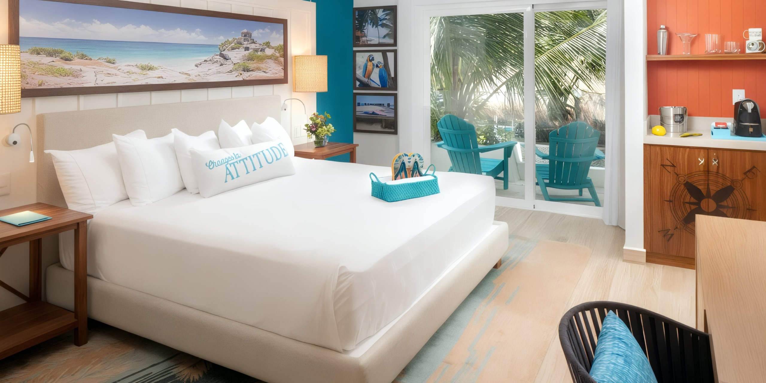 Experience a vibrant room at Margaritaville Island Reserve Resort Riviera Cancun, featuring a spacious bed with turquoise details, a beach painting above the headboard, and palm tree views through the sliding glass doors.