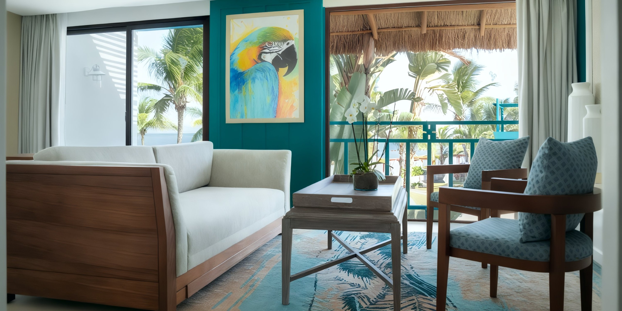 A seating area in the Margaritaville Island Reserve Resort Riviera Cancun features a sofa, two chairs, and a coffee table. A colorful parrot painting adorns the wall, with a view of palm trees visible through the window.