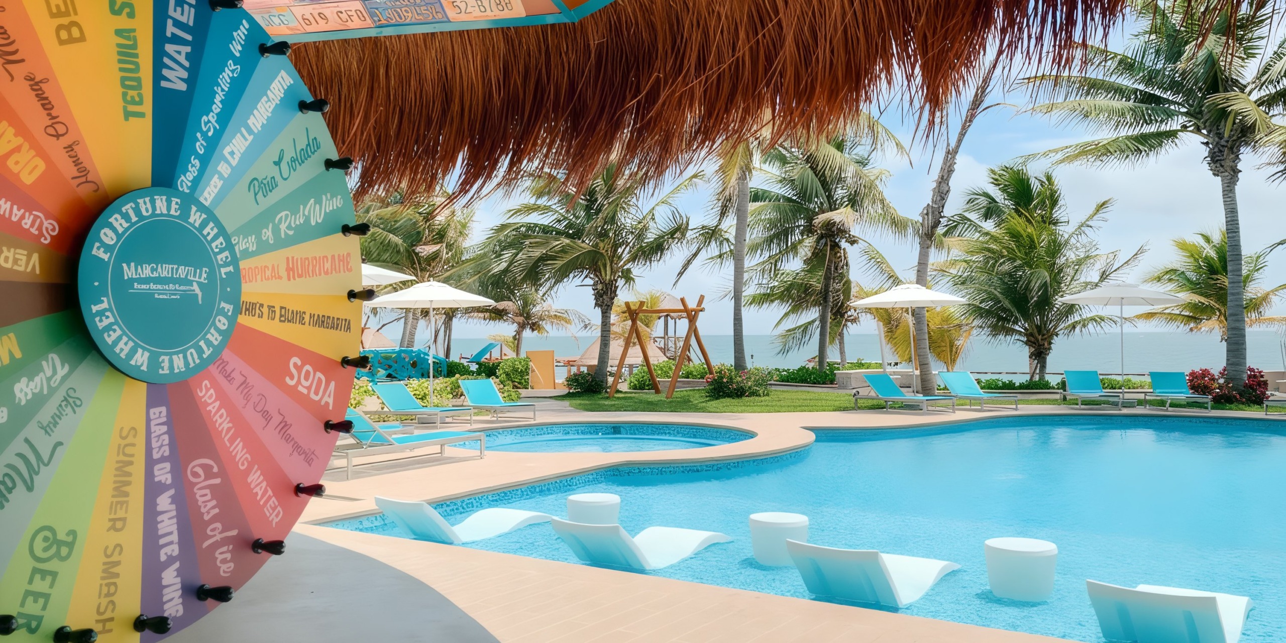 Margaritaville Island Reserve Resort Riviera Cancun features a vibrant scene with a colorful spin wheel and tropical palm trees, where lounge chairs and umbrellas encircle the pool, offering an ocean view in the background.