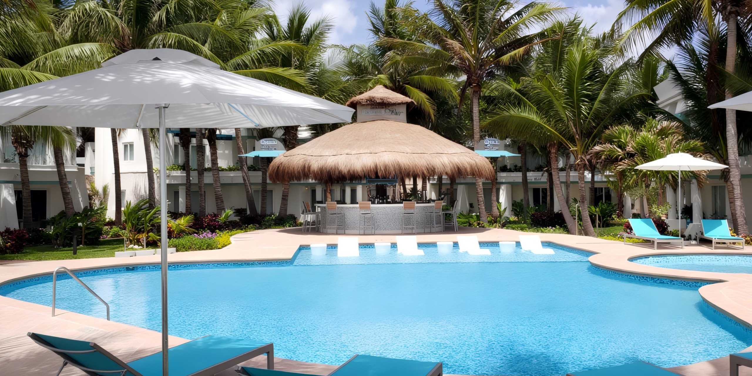Experience the Margaritaville Island Reserve Resort Riviera Cancun, featuring a stunning pool with lounge chairs, swaying palm trees, and a charming thatched-roof bar all set against a backdrop of clear blue skies.