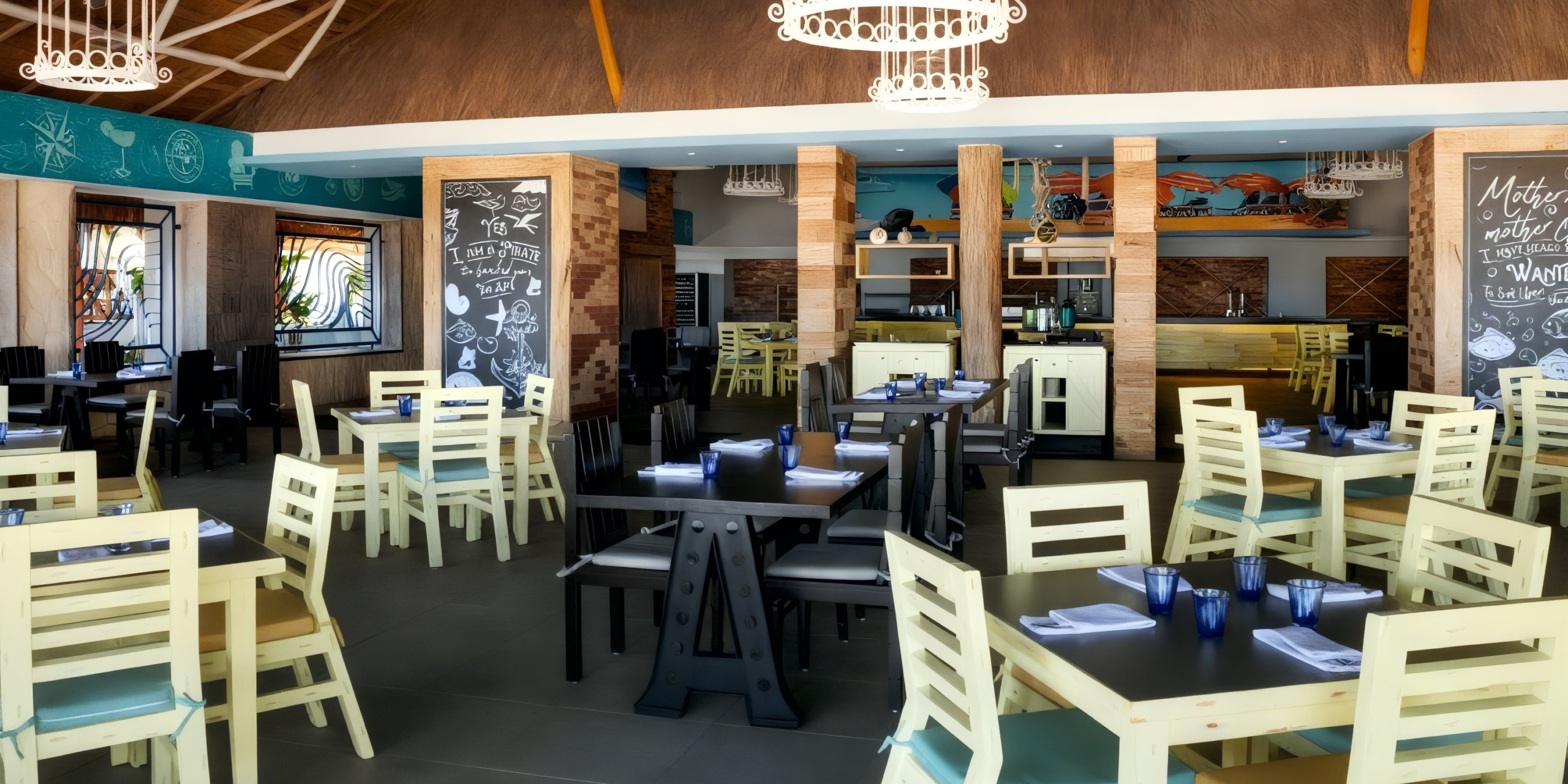 The interior of the Margaritaville Island Reserve Resort Riviera Cancun features brightly lit spaces with wooden tables and chairs, chalkboard walls, and a nautical-themed decor.