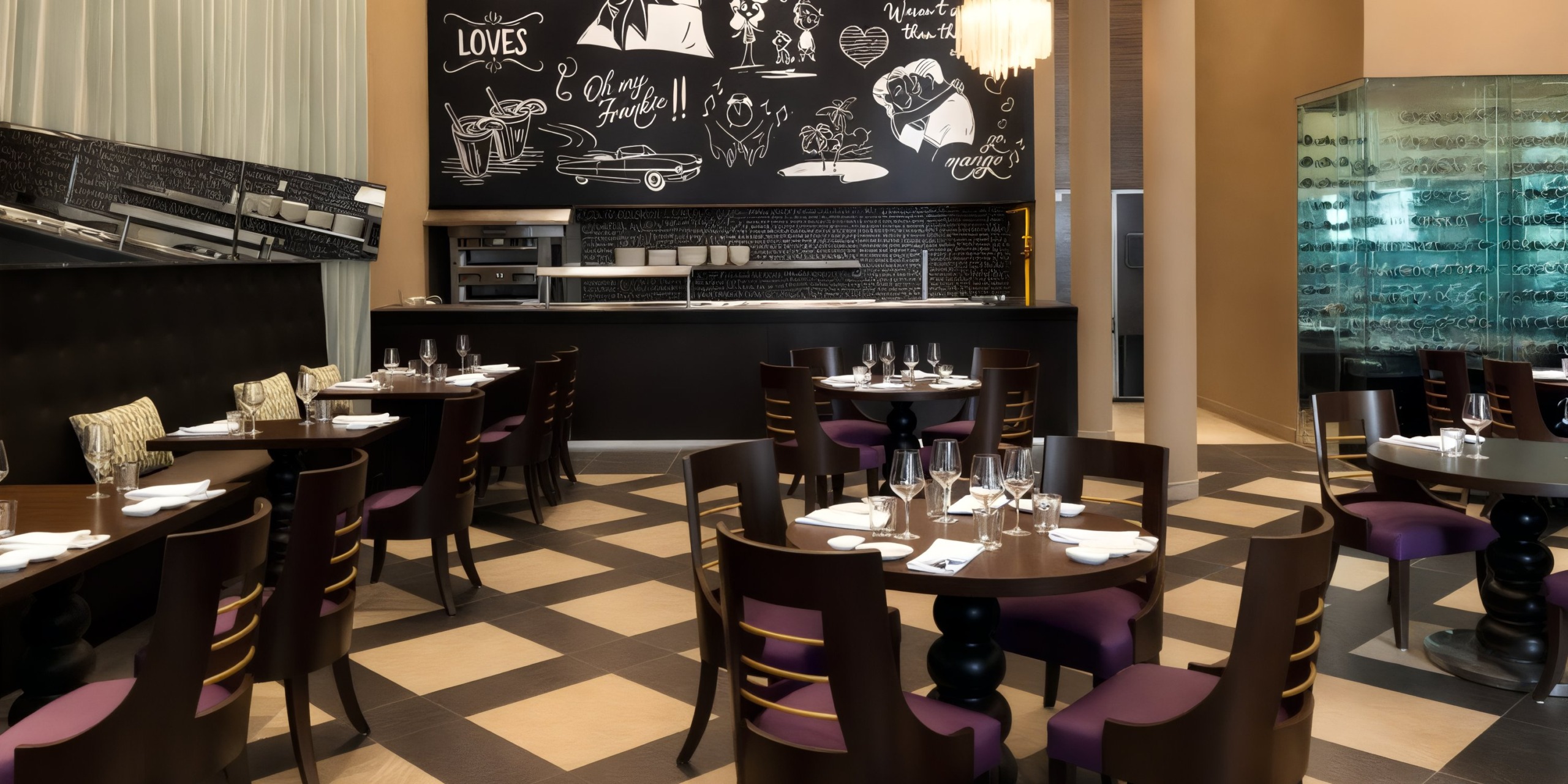 Discover a contemporary dining experience at the Margaritaville Island Reserve Resort Riviera Cancun, where wooden tables and chairs with plush purple cushions create an inviting atmosphere. Admire the artistic chalk drawings on a blackboard wall and explore the exquisite selection showcased in a sophisticated glass-enclosed wine display.