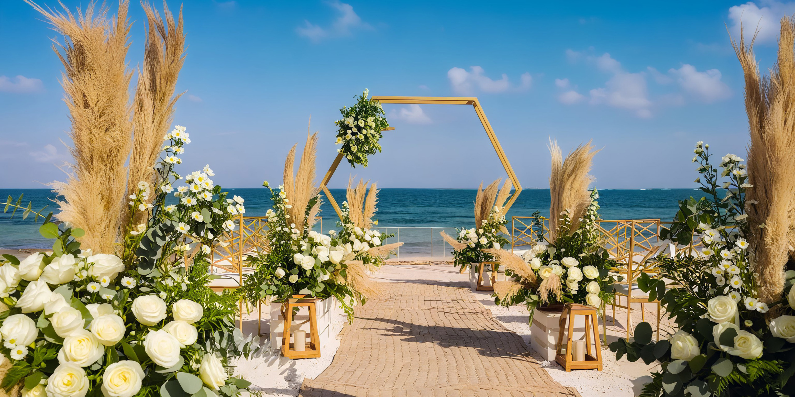 An elegant beachside wedding setup at Margaritaville Island Reserve Resort Riviera Cancun features a hexagonal arch beautifully adorned with flowers, complemented by white and green floral arrangements and pampas grass under a clear blue sky.
