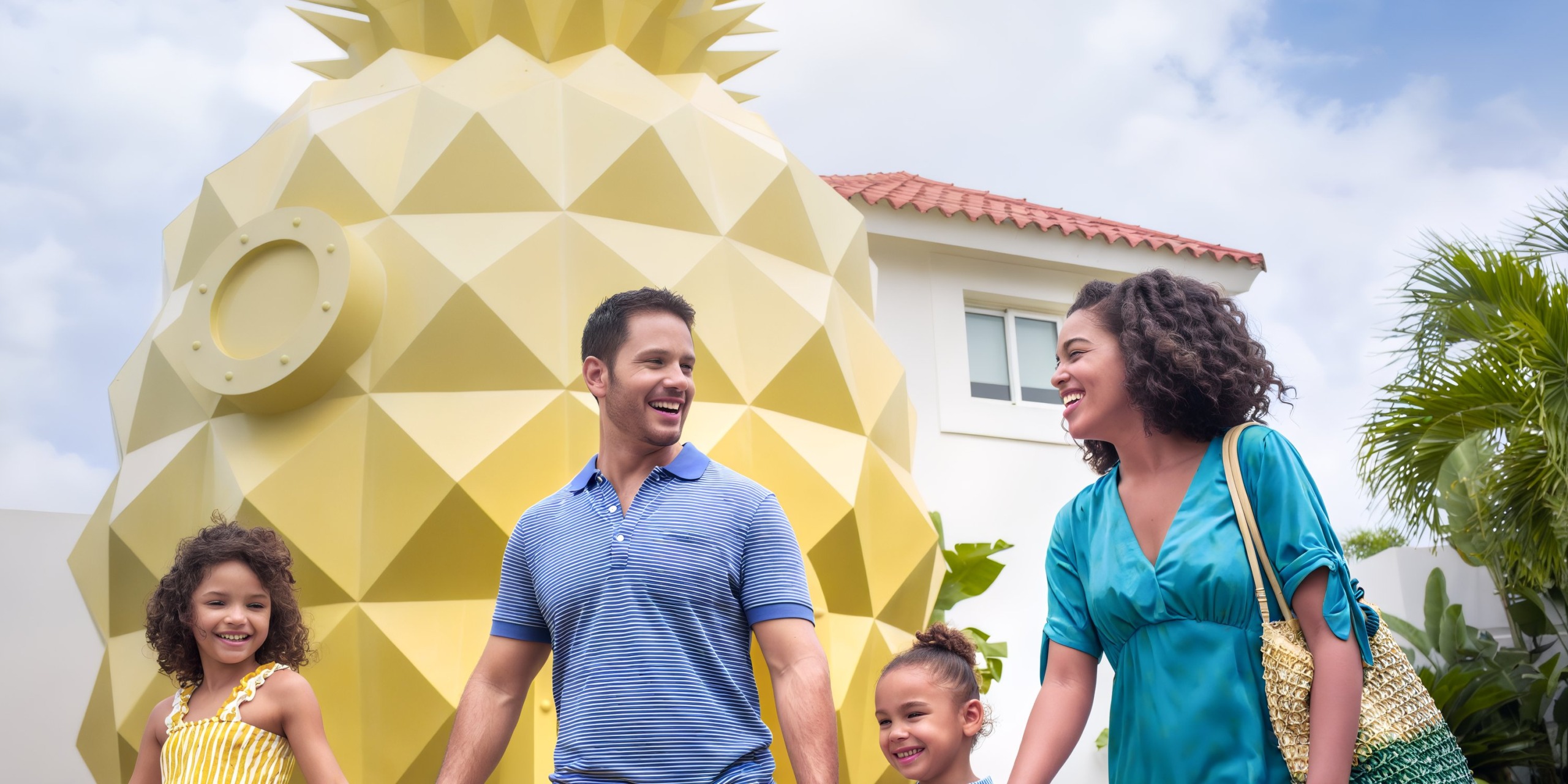 A family of four smiles while walking in front of a large yellow pineapple structure at Nickelodeon Hotels & Resorts Riviera Maya.