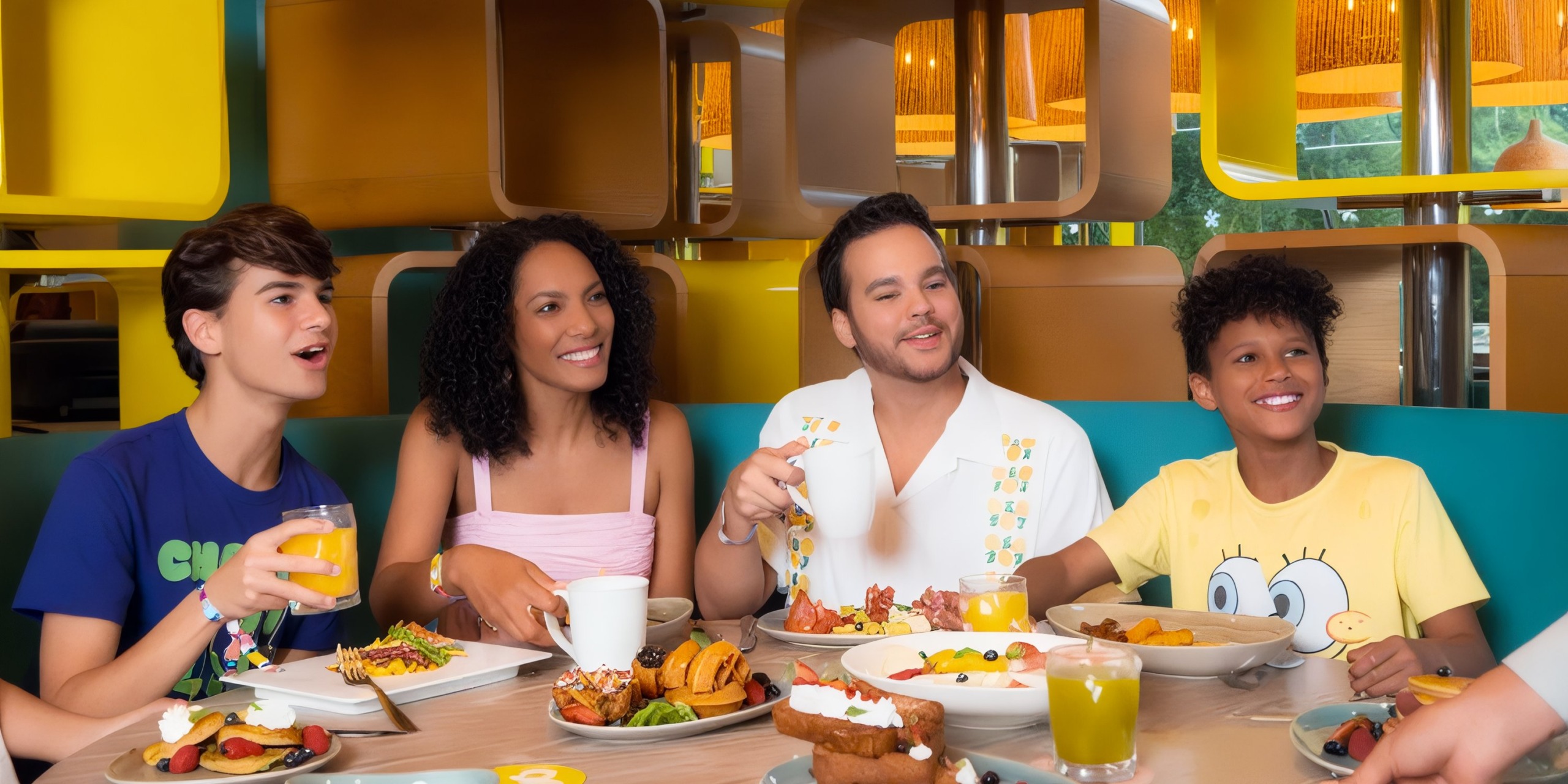 A group of four people enjoying a meal together at Nickelodeon Hotels & Resorts Riviera Maya, smiling and engaging in conversation.