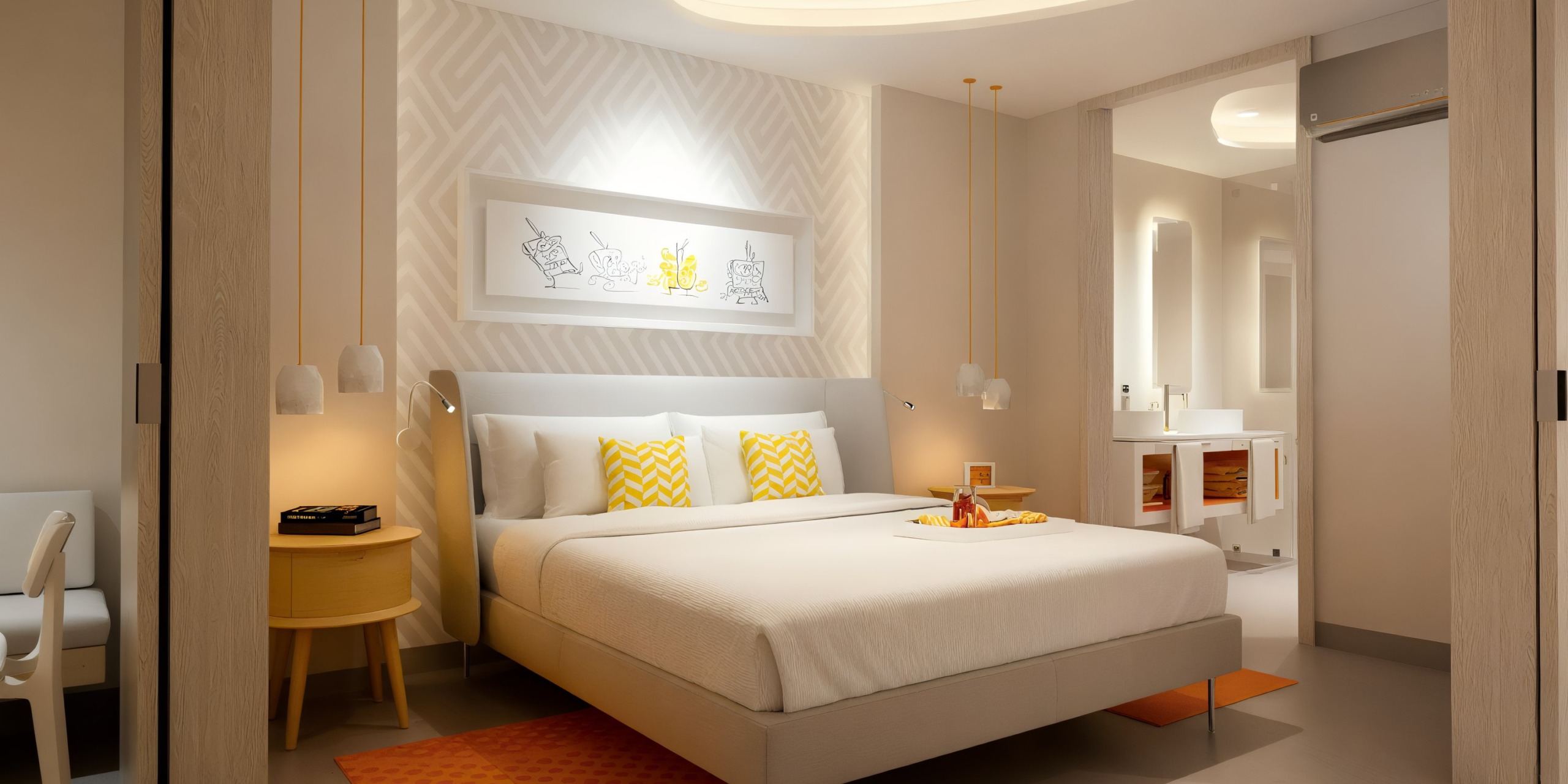 A chic bedroom at Nickelodeon Hotels & Resorts Riviera Maya, featuring a large bed with beige tones, vibrant orange accents, a bedside table, artwork above the bed, and an open view into a bathroom equipped with a sink and mirror.