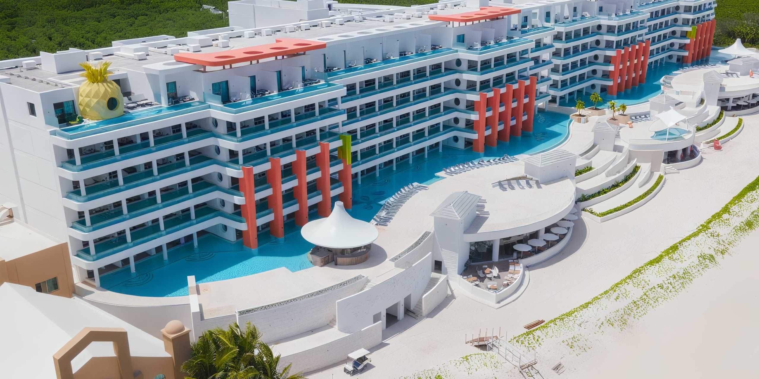 Overhead perspective of Nickelodeon Hotels & Resorts Riviera Maya, a contemporary beachfront property featuring several floors, swimming pools, and terraces. The foreground displays a beach with pristine white sand.