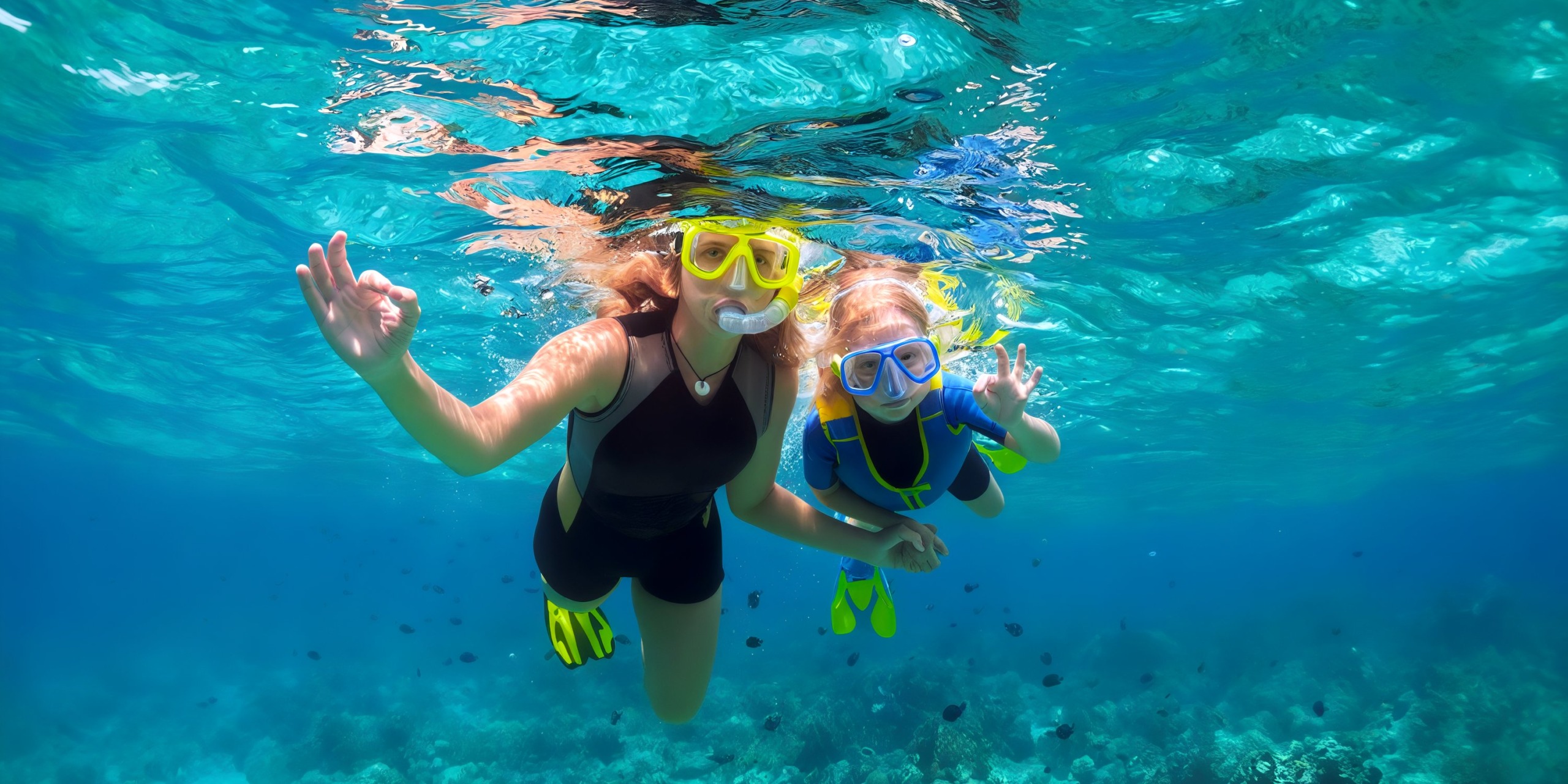 A child and an adult are snorkeling underwater at the stunning Nickelodeon Hotels & Resorts Riviera Maya, equipped with flippers, masks, and snorkels. They glide together above a light coral seabed in the crystal-clear blue waters.