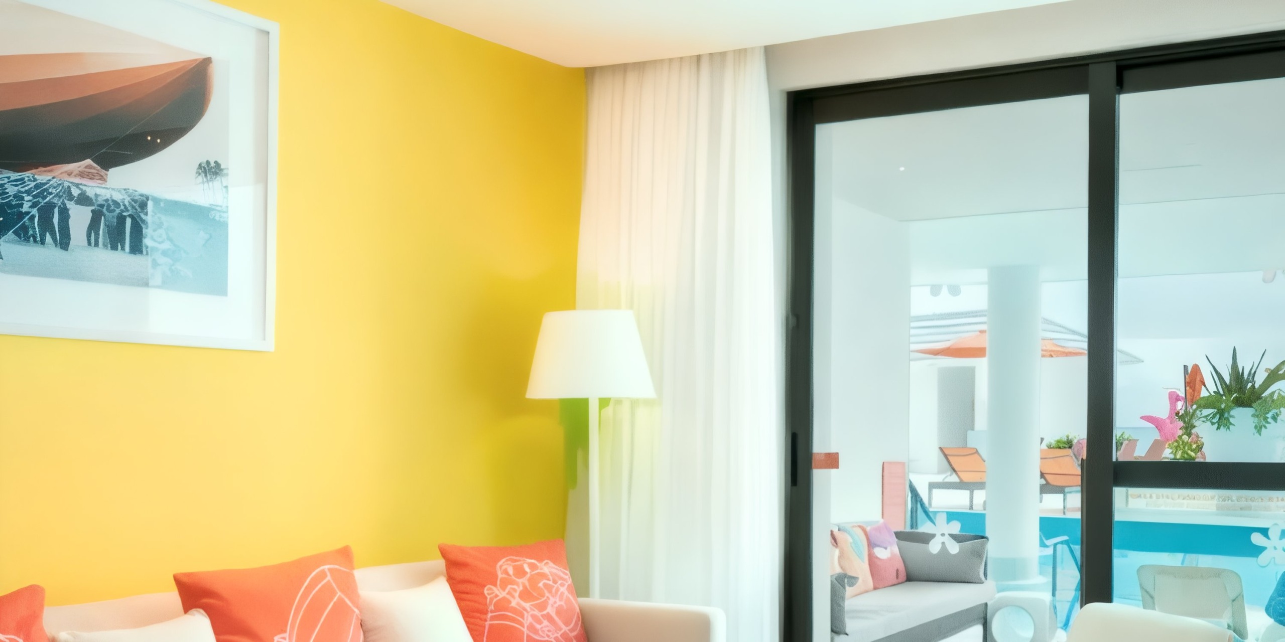 Experience a modern living room at the Nickelodeon Hotels & Resorts Riviera Maya, featuring a vibrant yellow accent wall, a chic white floor lamp, and colorful cushions adorning the sofa. A patio door seamlessly connects indoor comfort to an inviting outdoor seating area by the pool.