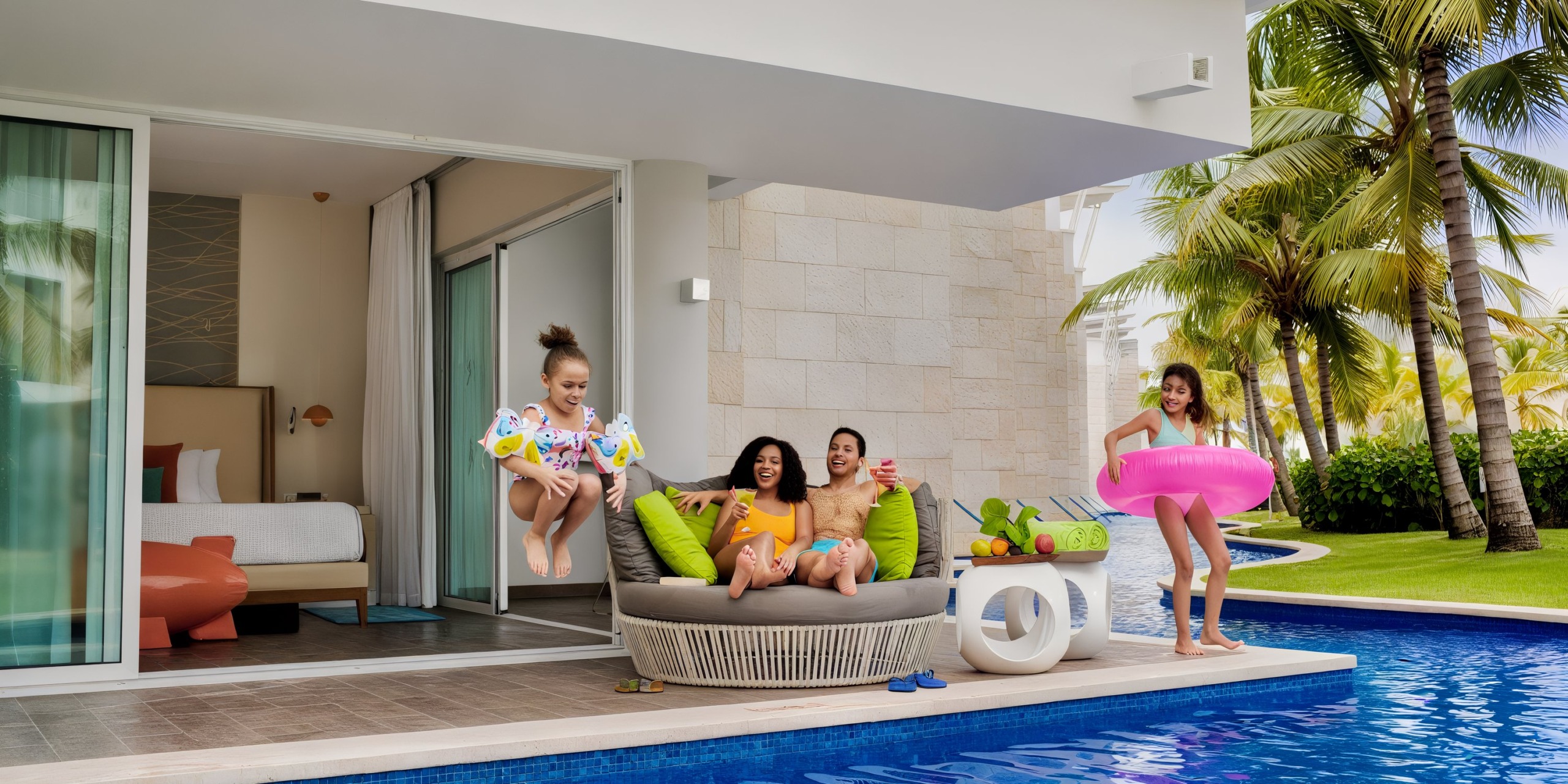 A family enjoys their time at Nickelodeon Hotels & Resorts Riviera Maya; a child leaps into the pool wearing floaties, while others relax on a lounge chair and stand with a pink float ring. The backdrop features sliding doors of the room and lush palm trees.