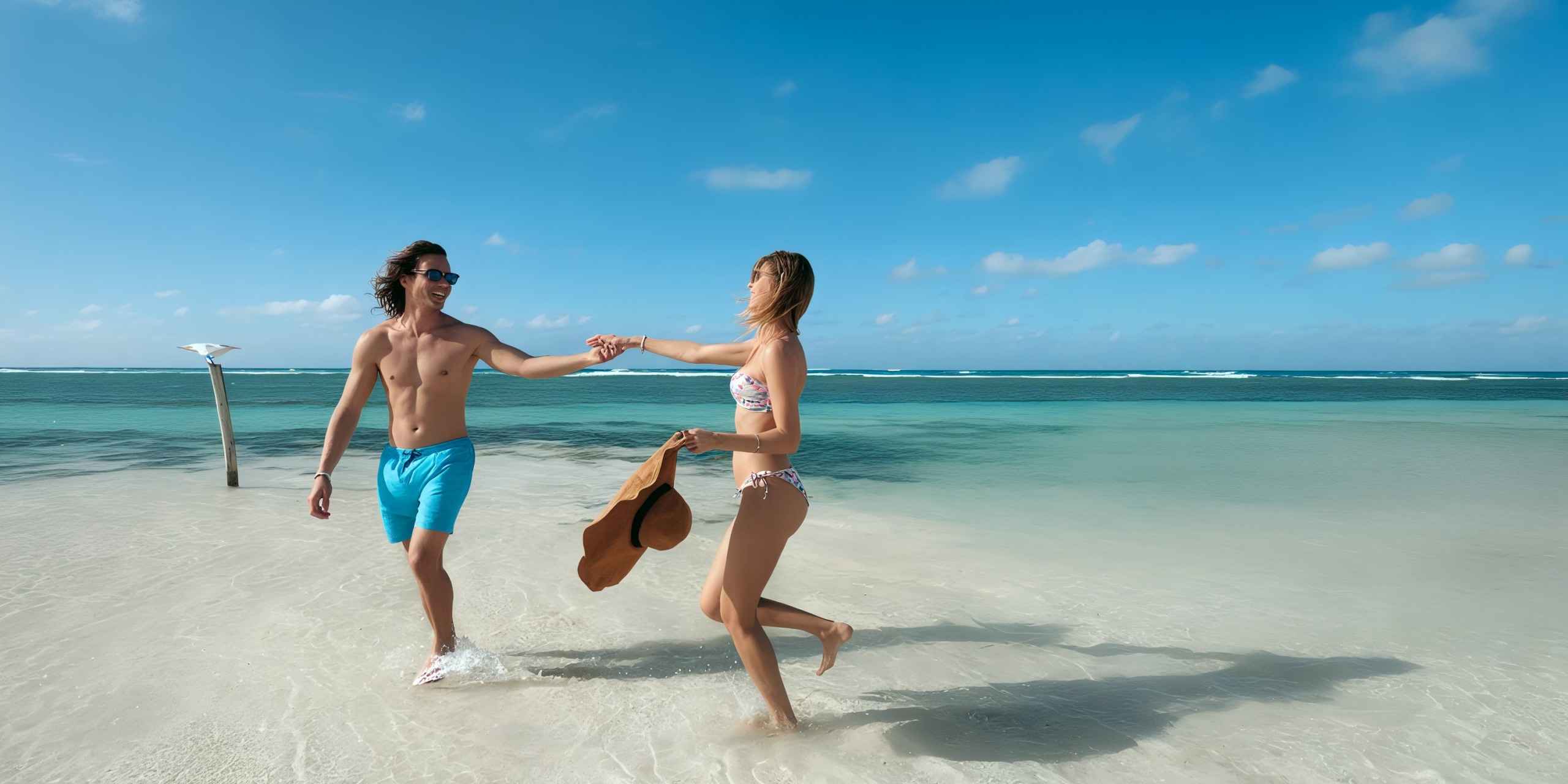 A man and woman in swimwear are holding hands as they stroll along the sunny beach of Ocean Eden Bay, with crystal-clear blue water and a vibrant sky as their backdrop.